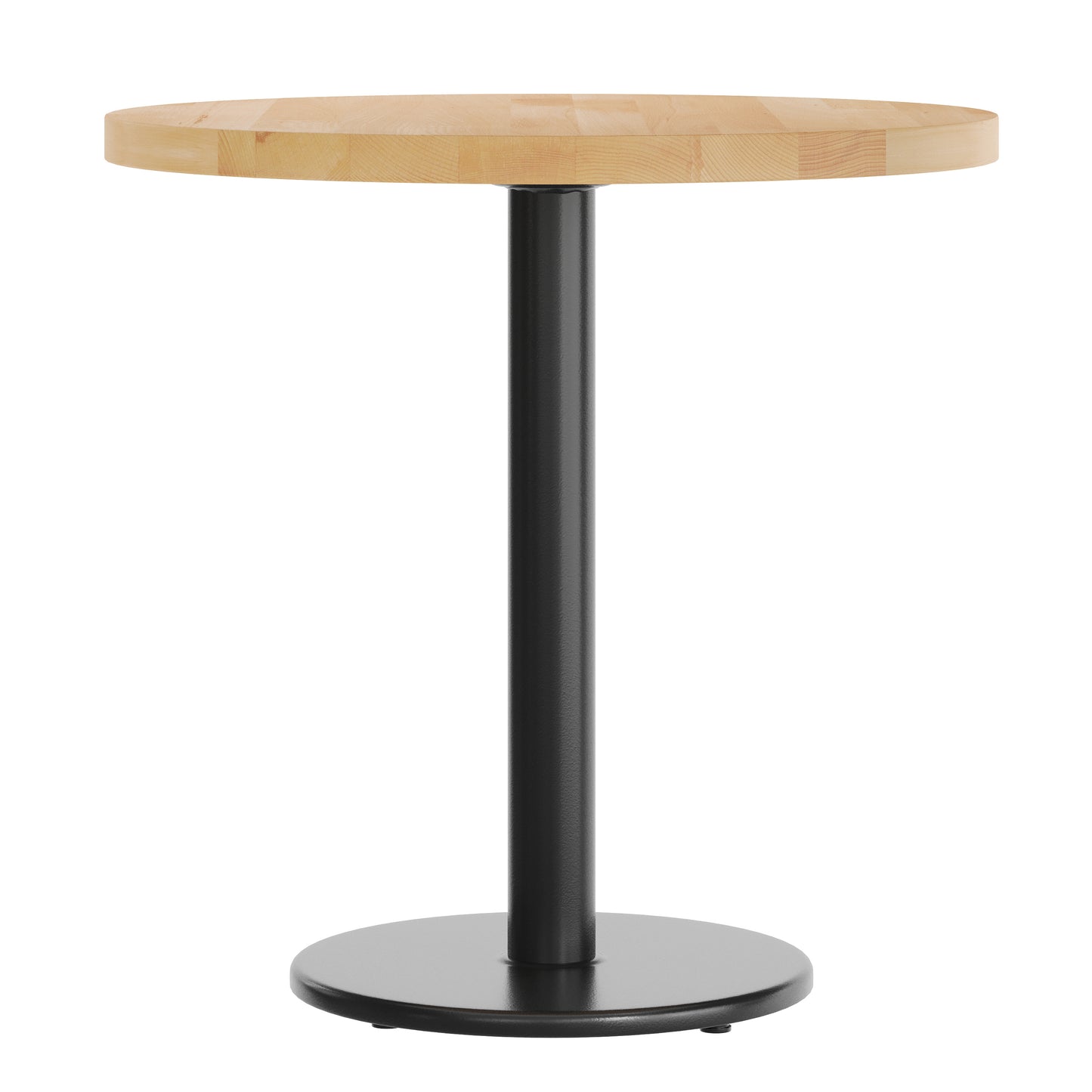 Bennett 30" Round Solid Wood Commercial Indoor Tabletop in Natural with 18" Round Dining Height Rust-Resistant Black Cast Iron Base Natural Top/Black Base