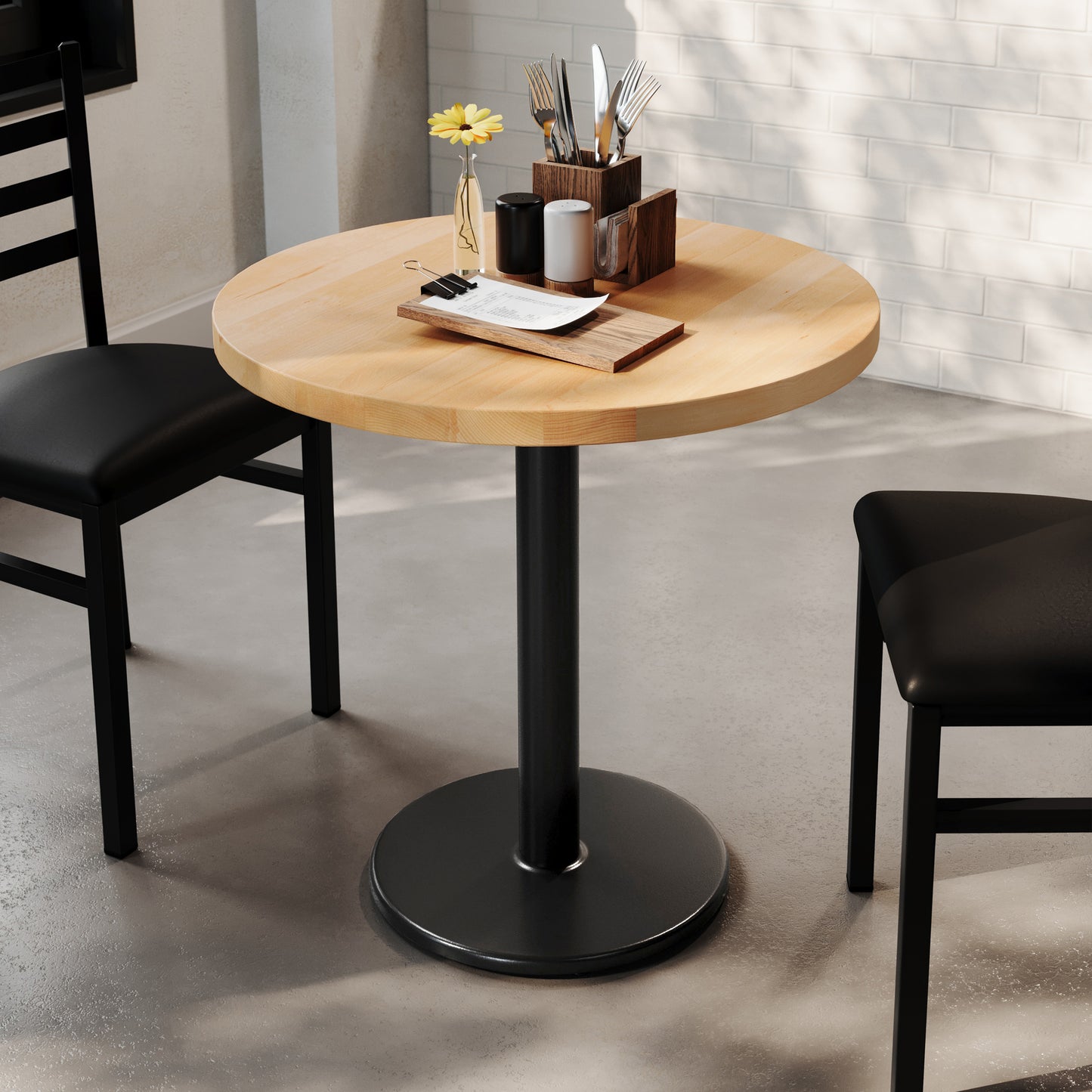 Bennett 30" Round Solid Wood Commercial Indoor Tabletop in Natural with 18" Round Dining Height Rust-Resistant Black Cast Iron Base Natural Top/Black Base