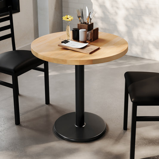 Bennett 30" Round Solid Wood Commercial Indoor Tabletop in Natural with 18" Round Dining Height Rust-Resistant Black Cast Iron Base Natural Top/Black Base GSF-RD30-NAT-TR18-GG