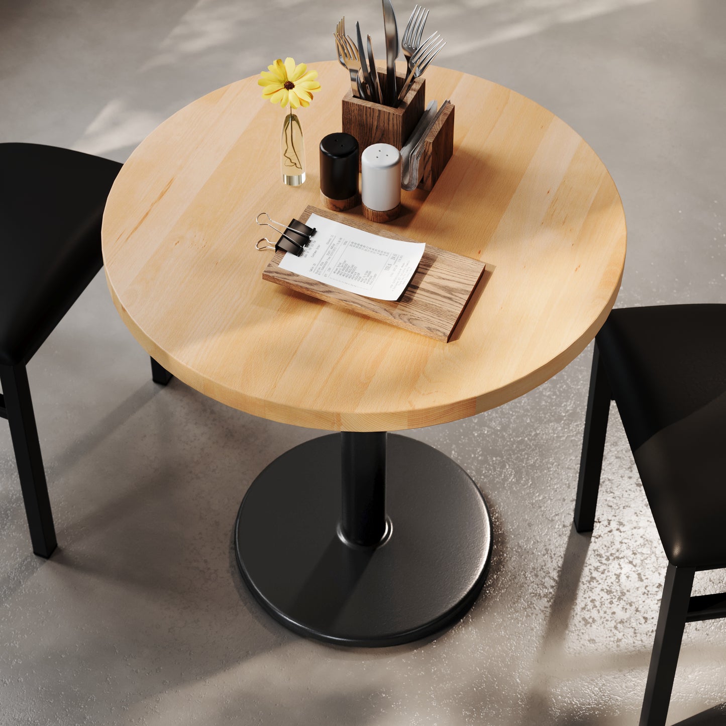 Bennett 30" Round Solid Wood Commercial Indoor Tabletop in Natural with 18" Round Dining Height Rust-Resistant Black Cast Iron Base Natural Top/Black Base