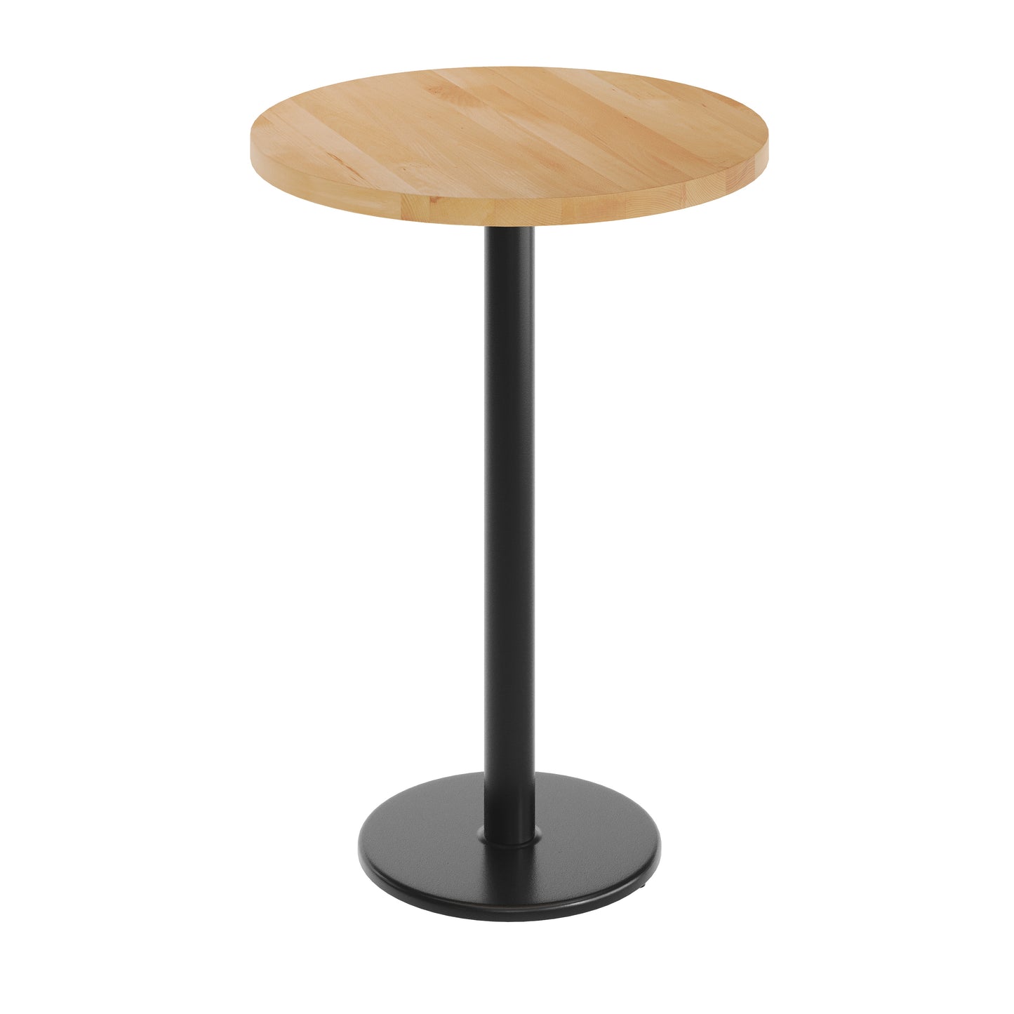 Bennett 30" Round Solid Wood Commercial Indoor Tabletop in Natural with 18" Round Bar Height Rust-Resistant Black Cast Iron Base Natural Top/Black Base