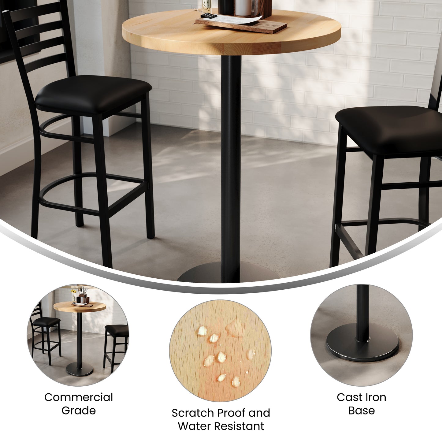 Bennett 30" Round Solid Wood Commercial Indoor Tabletop in Natural with 18" Round Bar Height Rust-Resistant Black Cast Iron Base Natural Top/Black Base