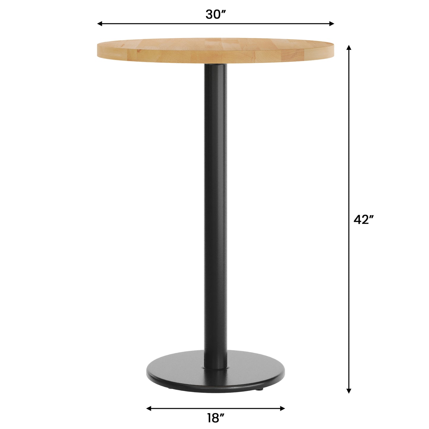 Bennett 30" Round Solid Wood Commercial Indoor Tabletop in Natural with 18" Round Bar Height Rust-Resistant Black Cast Iron Base Natural Top/Black Base