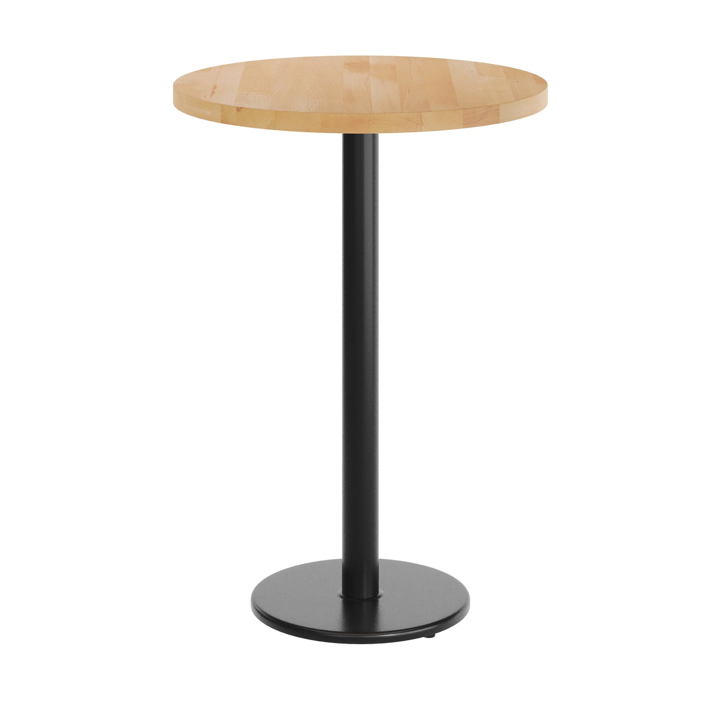 Bennett 30" Round Solid Wood Commercial Indoor Tabletop in Natural with 18" Round Bar Height Rust-Resistant Black Cast Iron Base Natural Top/Black Base