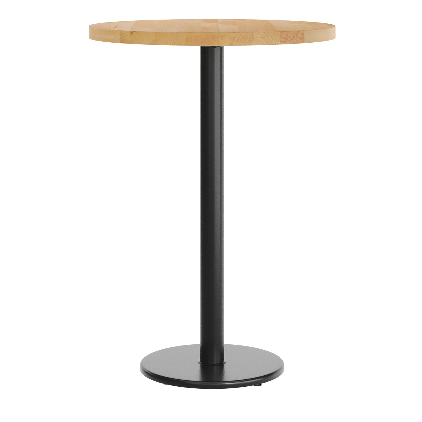 Bennett 30" Round Solid Wood Commercial Indoor Tabletop in Natural with 18" Round Bar Height Rust-Resistant Black Cast Iron Base Natural Top/Black Base