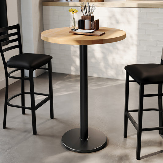 Bennett 30" Round Solid Wood Commercial Indoor Tabletop in Natural with 18" Round Bar Height Rust-Resistant Black Cast Iron Base Natural Top/Black Base GSF-RD30-NAT-TR18B-GG