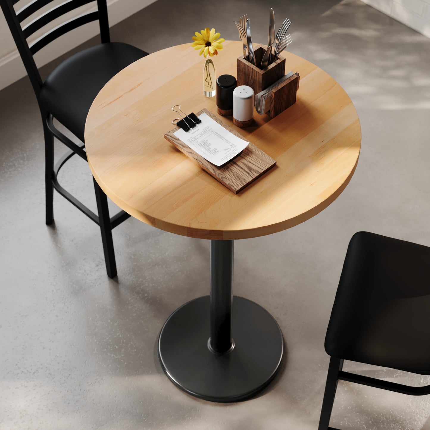 Bennett 30" Round Solid Wood Commercial Indoor Tabletop in Natural with 18" Round Bar Height Rust-Resistant Black Cast Iron Base Natural Top/Black Base