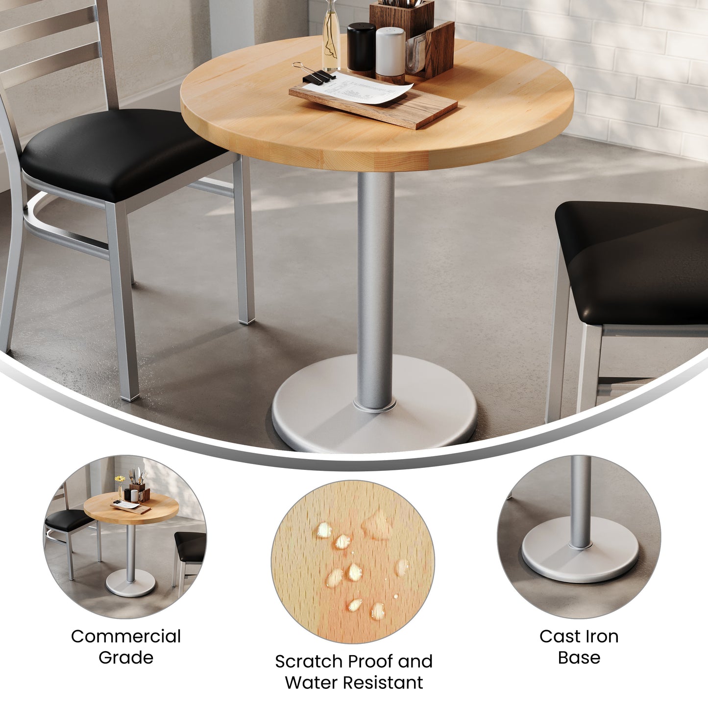 Bennett 30" Round Solid Wood Commercial Indoor Tabletop in Natural with 18" Round Dining Height Rust-Resistant Silver Cast Iron Base Natural Top/Silver Base