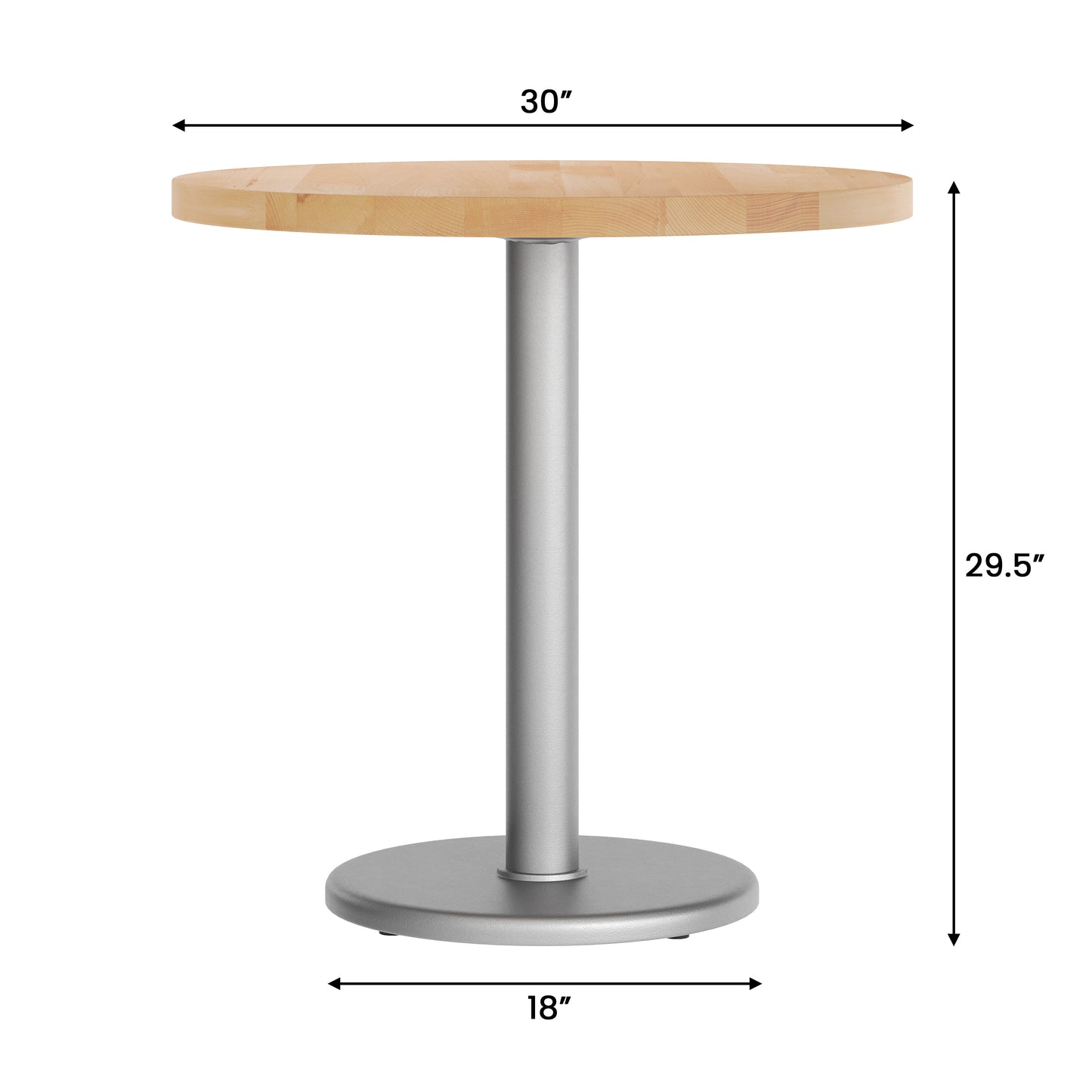 Bennett 30" Round Solid Wood Commercial Indoor Tabletop in Natural with 18" Round Dining Height Rust-Resistant Silver Cast Iron Base Natural Top/Silver Base