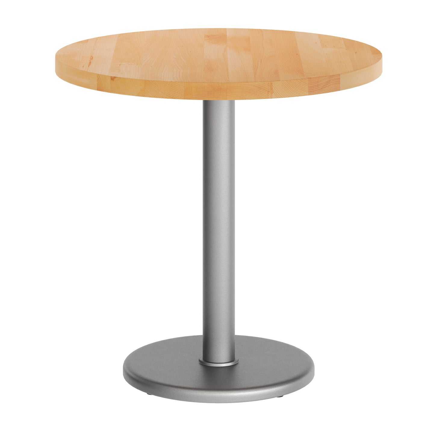 Bennett 30" Round Solid Wood Commercial Indoor Tabletop in Natural with 18" Round Dining Height Rust-Resistant Silver Cast Iron Base Natural Top/Silver Base