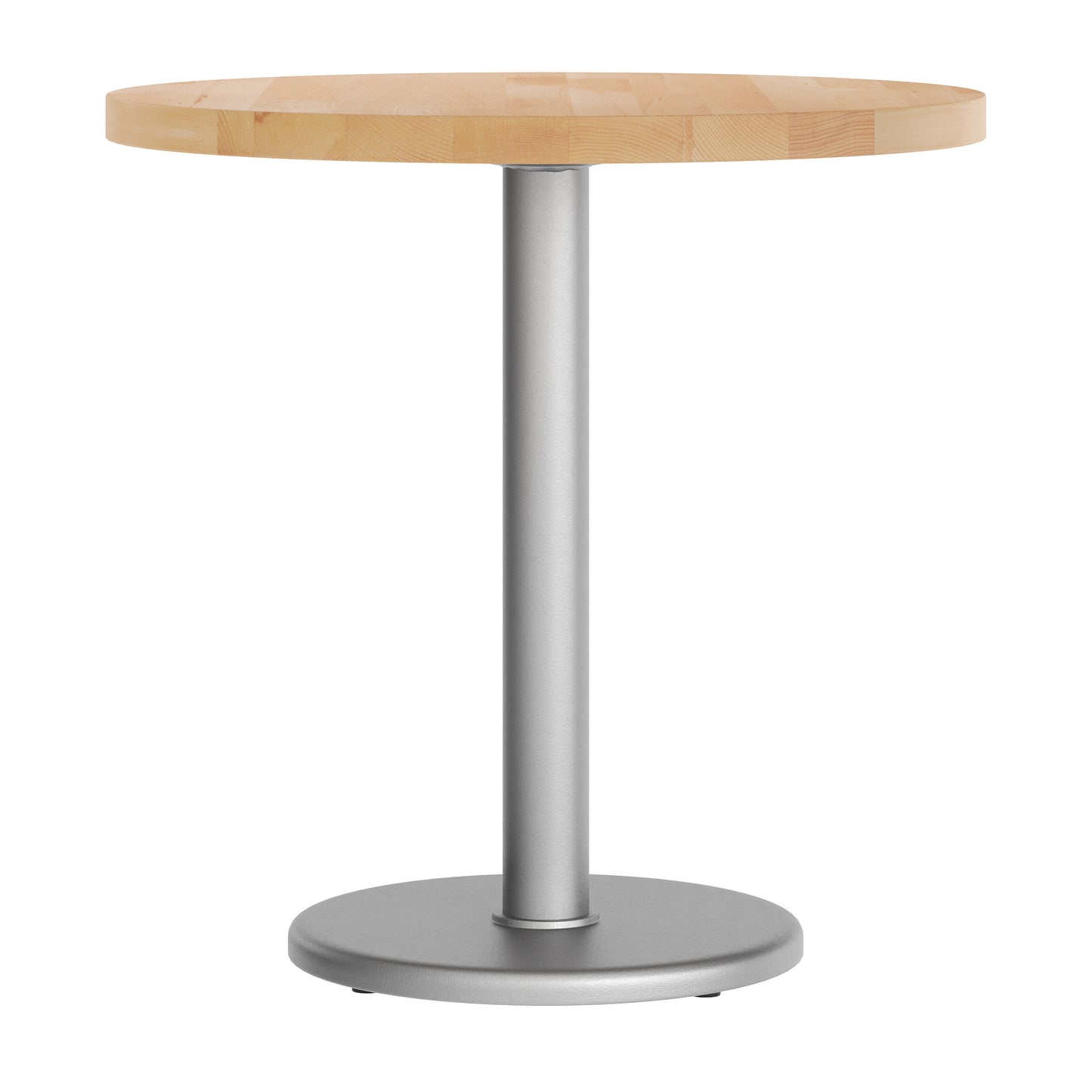 Bennett 30" Round Solid Wood Commercial Indoor Tabletop in Natural with 18" Round Dining Height Rust-Resistant Silver Cast Iron Base Natural Top/Silver Base