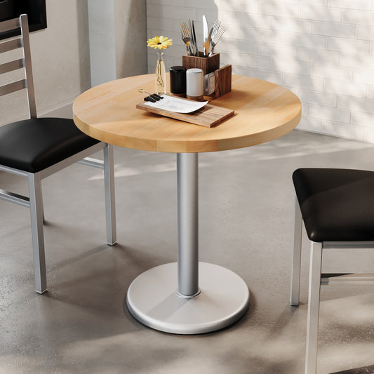 Bennett 30" Round Solid Wood Commercial Indoor Tabletop in Natural with 18" Round Dining Height Rust-Resistant Silver Cast Iron Base Natural Top/Silver Base