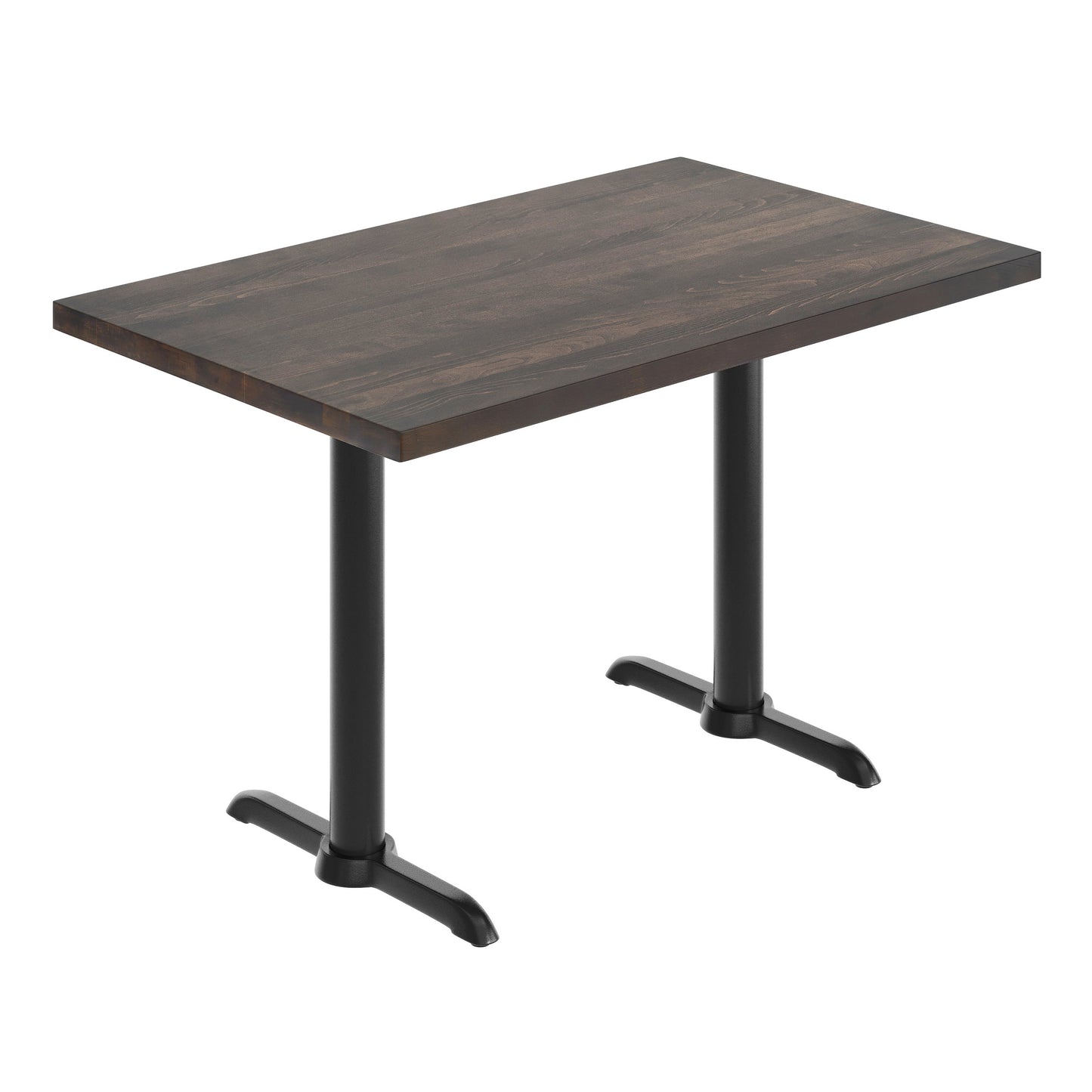 Bennett 30" x 48" Solid Wood Commercial Indoor Tabletop in Dark Brown with Dual 5" x 22" Dining Height Rust-Resistant Black Cast Iron T-Bases Dark Brown Top/Black Base