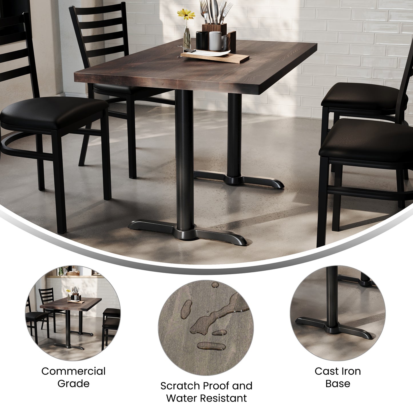 Bennett 30" x 48" Solid Wood Commercial Indoor Tabletop in Dark Brown with Dual 5" x 22" Dining Height Rust-Resistant Black Cast Iron T-Bases Dark Brown Top/Black Base