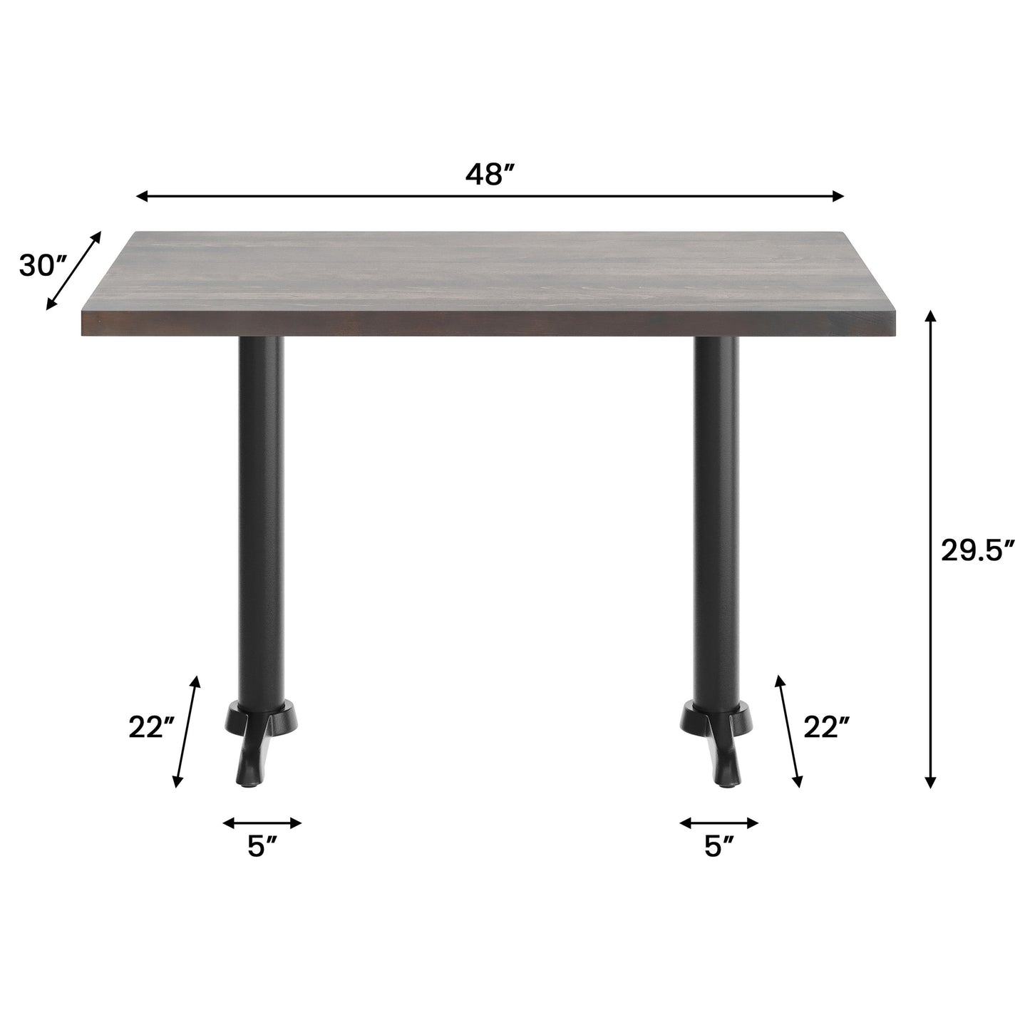 Bennett 30" x 48" Solid Wood Commercial Indoor Tabletop in Dark Brown with Dual 5" x 22" Dining Height Rust-Resistant Black Cast Iron T-Bases Dark Brown Top/Black Base
