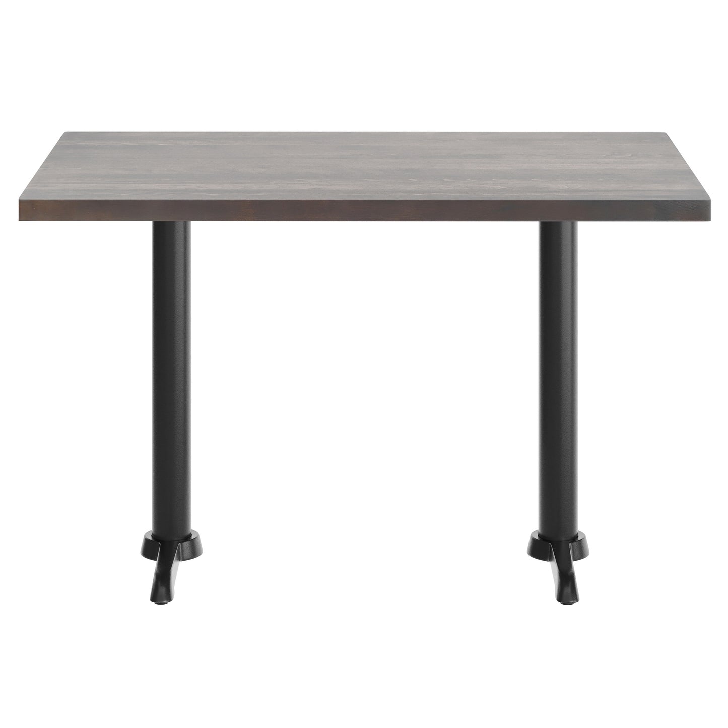 Bennett 30" x 48" Solid Wood Commercial Indoor Tabletop in Dark Brown with Dual 5" x 22" Dining Height Rust-Resistant Black Cast Iron T-Bases Dark Brown Top/Black Base