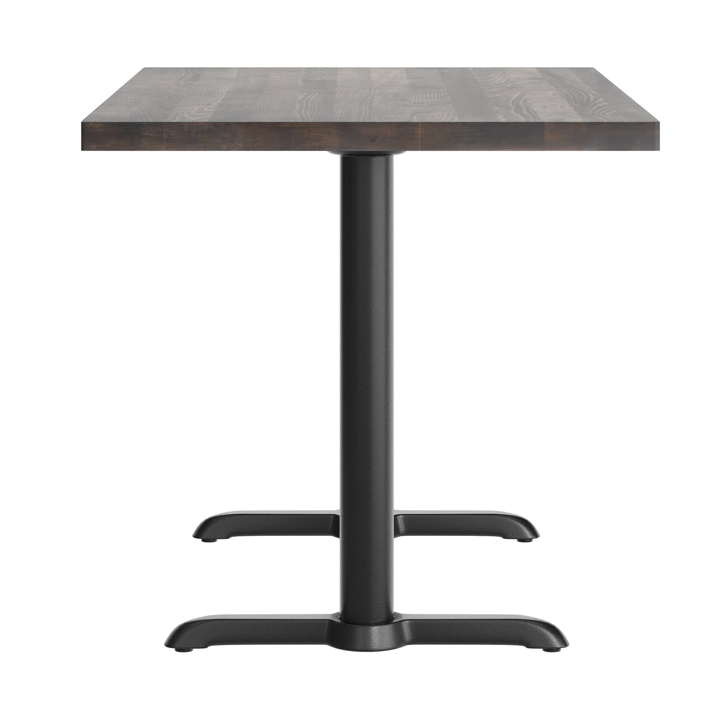 Bennett 30" x 48" Solid Wood Commercial Indoor Tabletop in Dark Brown with Dual 5" x 22" Dining Height Rust-Resistant Black Cast Iron T-Bases Dark Brown Top/Black Base