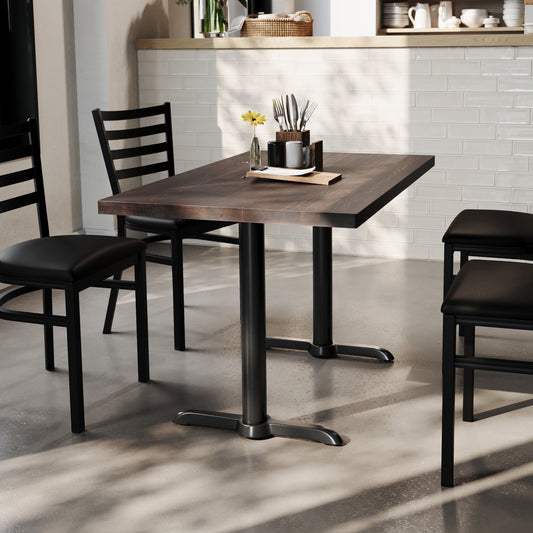 Bennett 30" x 48" Solid Wood Commercial Indoor Tabletop in Dark Brown with Dual 5" x 22" Dining Height Rust-Resistant Black Cast Iron T-Bases Dark Brown Top/Black Base