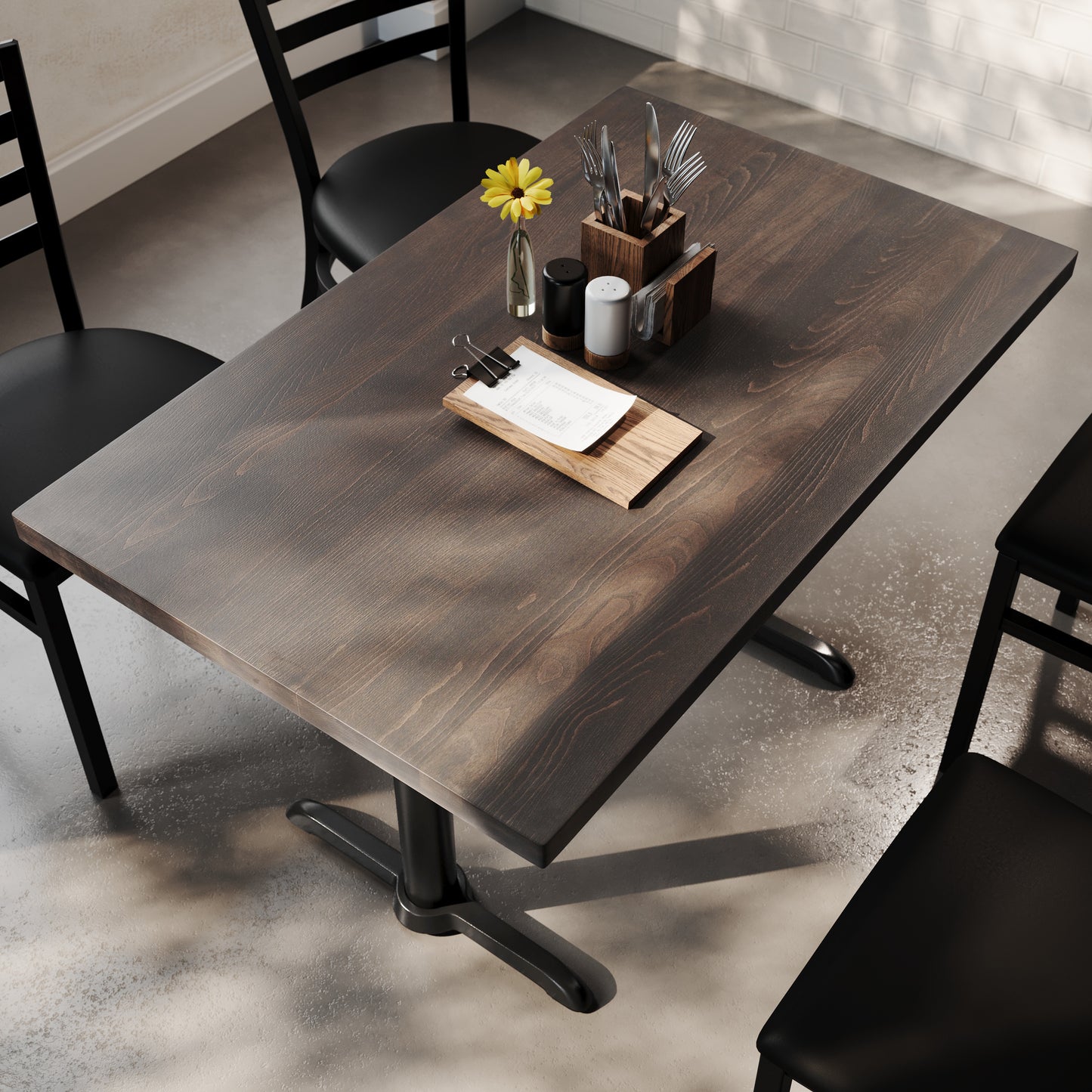 Bennett 30" x 48" Solid Wood Commercial Indoor Tabletop in Dark Brown with Dual 5" x 22" Dining Height Rust-Resistant Black Cast Iron T-Bases Dark Brown Top/Black Base