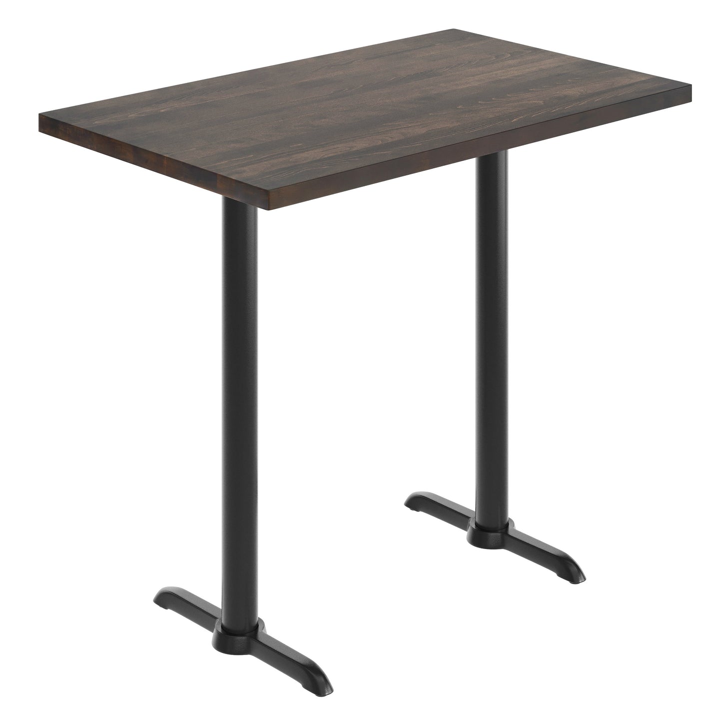Bennett 30" x 48" Solid Wood Commercial Indoor Tabletop in Dark Brown with Dual 5" x 22" Bar Height Rust-Resistant Black Cast Iron T-Bases Dark Brown Top/Black Base
