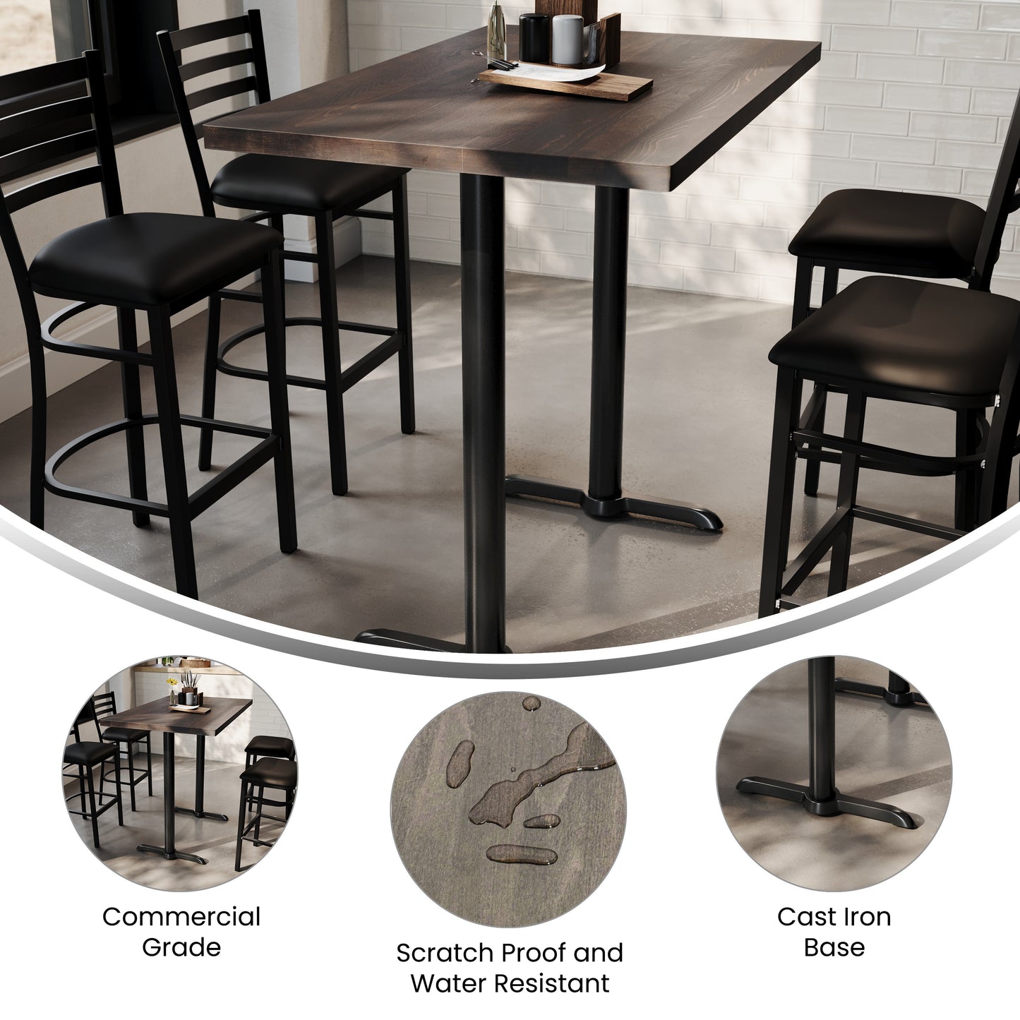 Bennett 30" x 48" Solid Wood Commercial Indoor Tabletop in Dark Brown with Dual 5" x 22" Bar Height Rust-Resistant Black Cast Iron T-Bases Dark Brown Top/Black Base