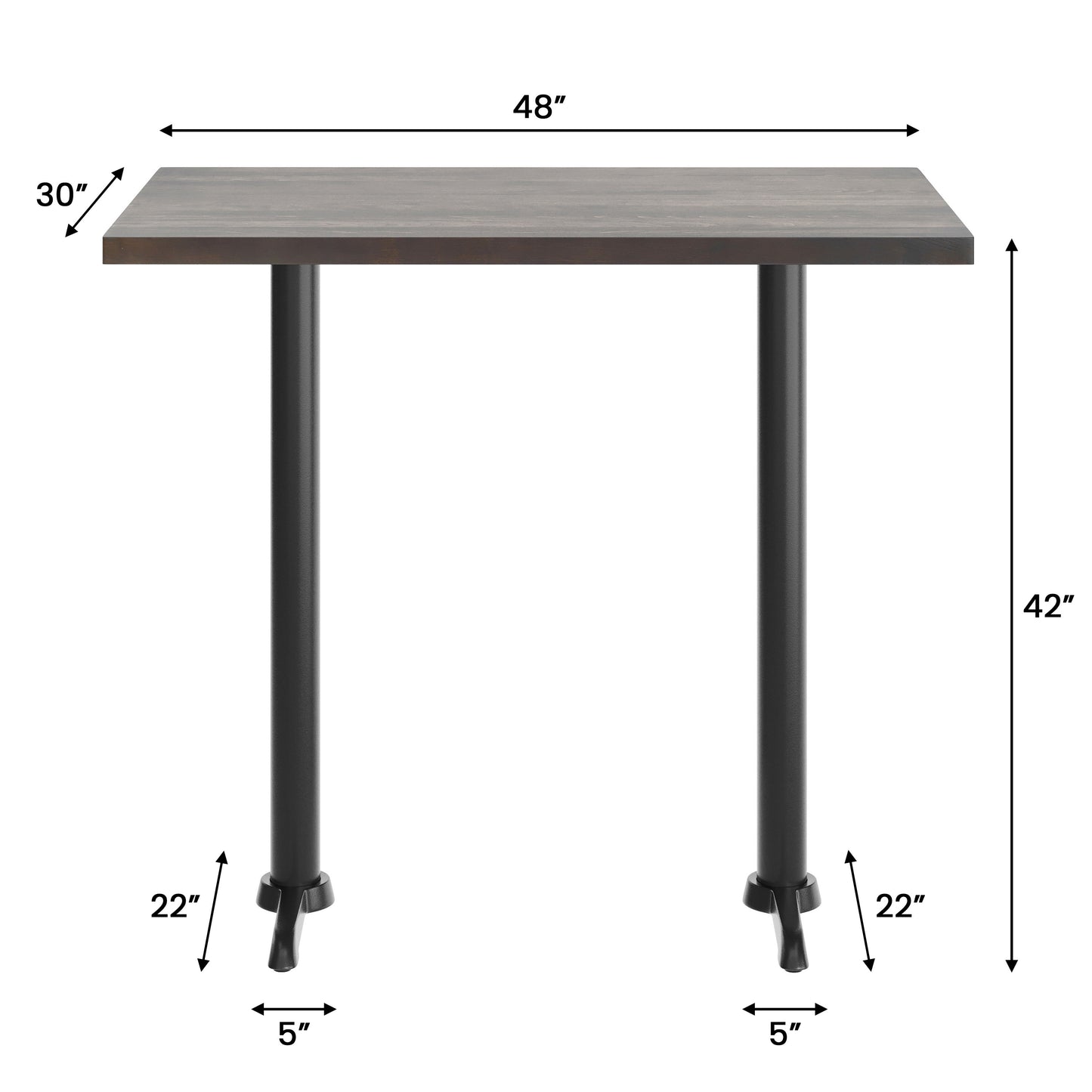 Bennett 30" x 48" Solid Wood Commercial Indoor Tabletop in Dark Brown with Dual 5" x 22" Bar Height Rust-Resistant Black Cast Iron T-Bases Dark Brown Top/Black Base