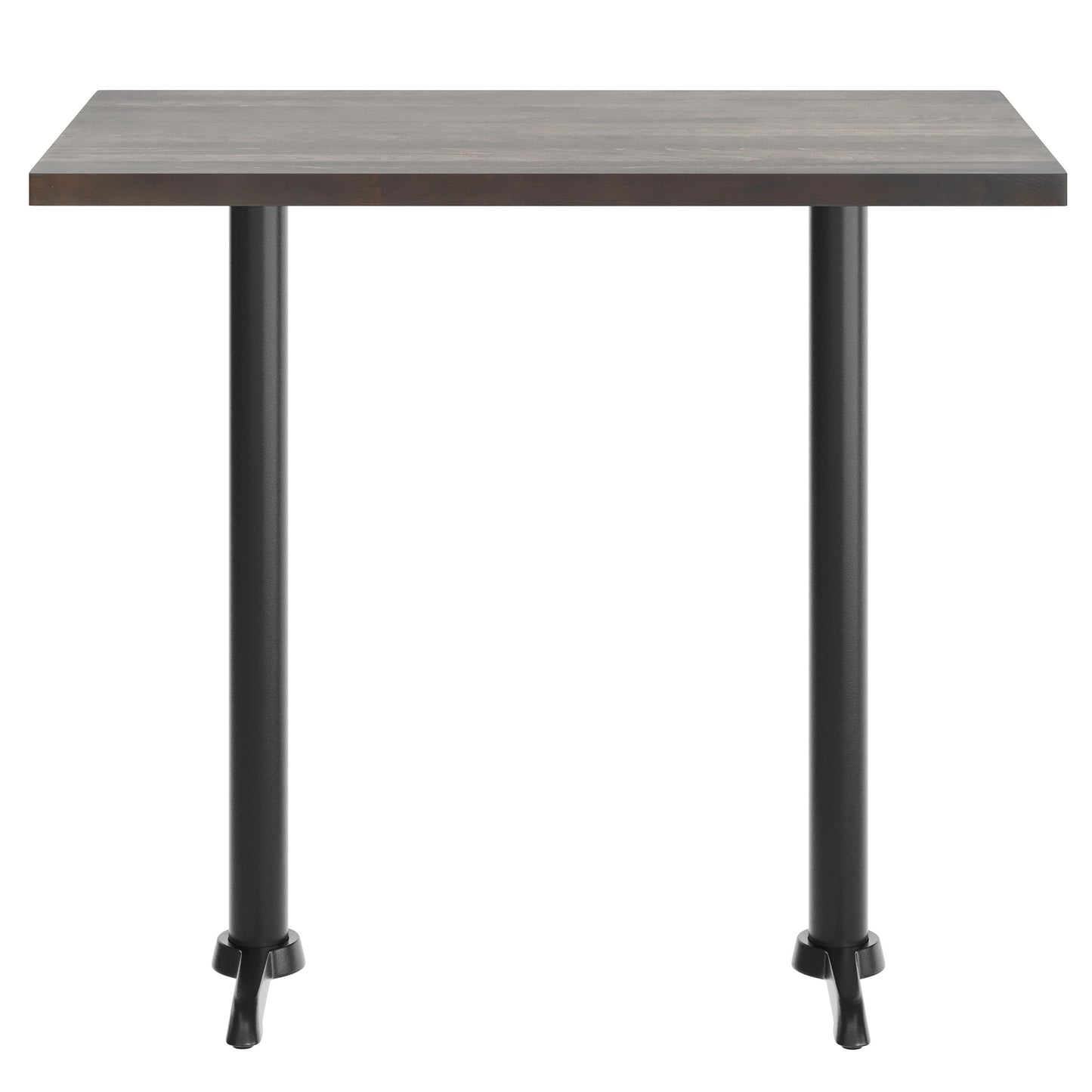 Bennett 30" x 48" Solid Wood Commercial Indoor Tabletop in Dark Brown with Dual 5" x 22" Bar Height Rust-Resistant Black Cast Iron T-Bases Dark Brown Top/Black Base