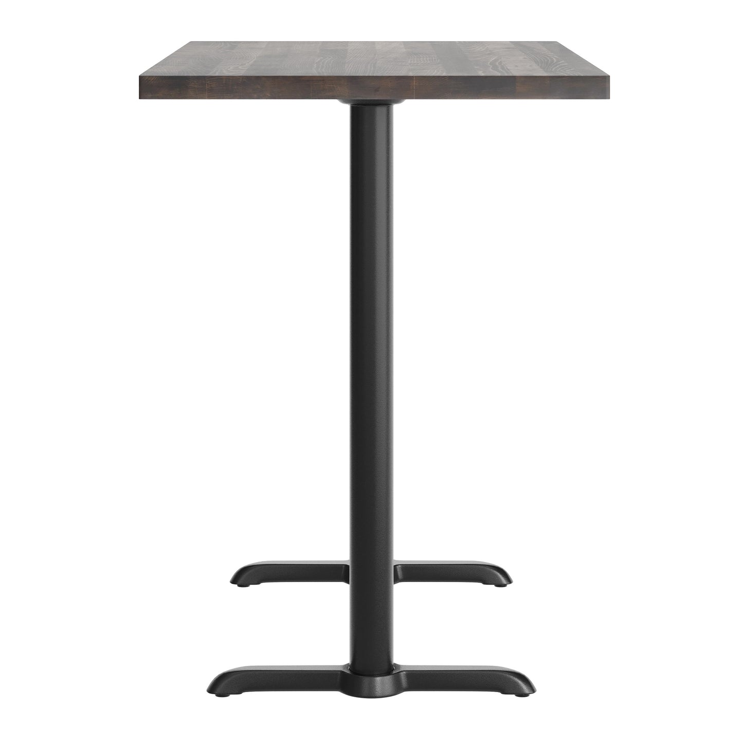 Bennett 30" x 48" Solid Wood Commercial Indoor Tabletop in Dark Brown with Dual 5" x 22" Bar Height Rust-Resistant Black Cast Iron T-Bases Dark Brown Top/Black Base