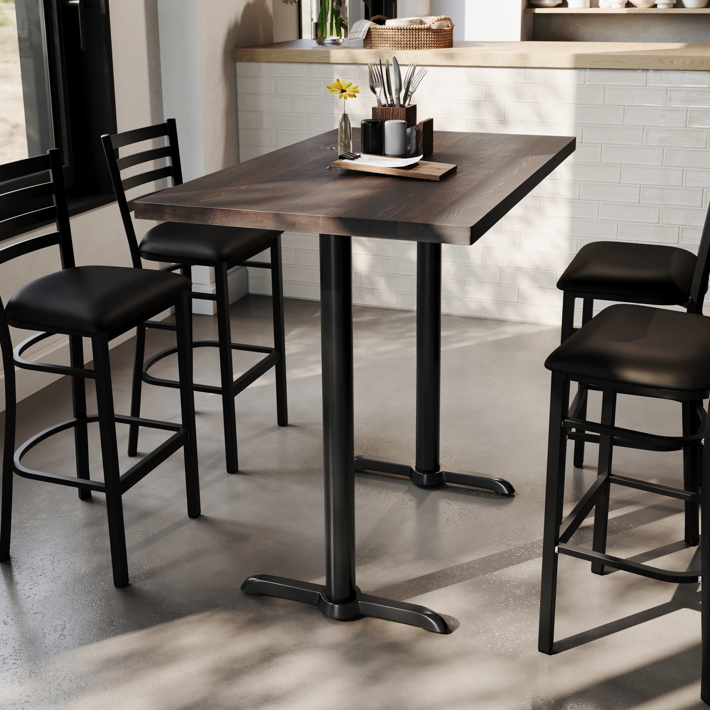 Bennett 30" x 48" Solid Wood Commercial Indoor Tabletop in Dark Brown with Dual 5" x 22" Bar Height Rust-Resistant Black Cast Iron T-Bases Dark Brown Top/Black Base