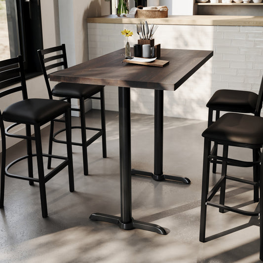Bennett 30" x 48" Solid Wood Commercial Indoor Tabletop in Dark Brown with Dual 5" x 22" Bar Height Rust-Resistant Black Cast Iron T-Bases Dark Brown Top/Black Base