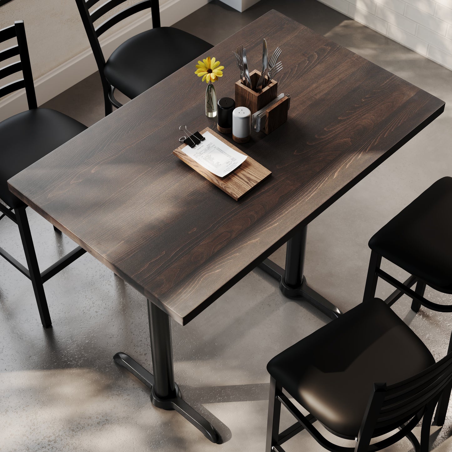 Bennett 30" x 48" Solid Wood Commercial Indoor Tabletop in Dark Brown with Dual 5" x 22" Bar Height Rust-Resistant Black Cast Iron T-Bases Dark Brown Top/Black Base