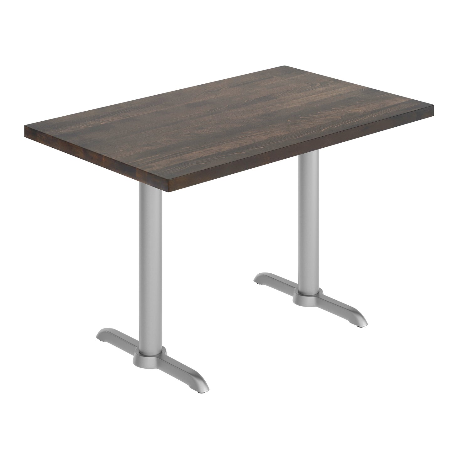 Bennett 30" x 48" Solid Wood Commercial Indoor Tabletop in Dark Brown with Dual 5" x 22" Dining Height Rust-Resistant Silver Cast Iron T-Bases Dark Brown Top/Silver Base