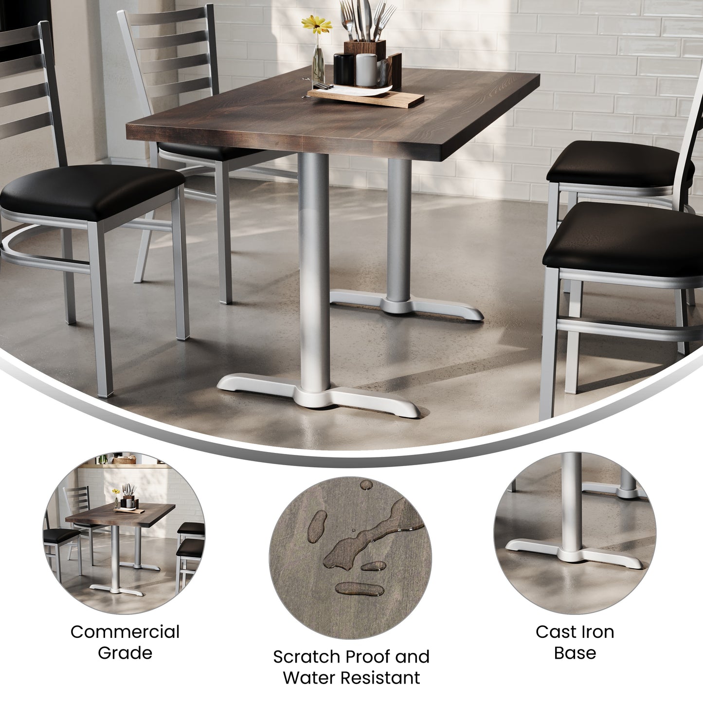 Bennett 30" x 48" Solid Wood Commercial Indoor Tabletop in Dark Brown with Dual 5" x 22" Dining Height Rust-Resistant Silver Cast Iron T-Bases Dark Brown Top/Silver Base