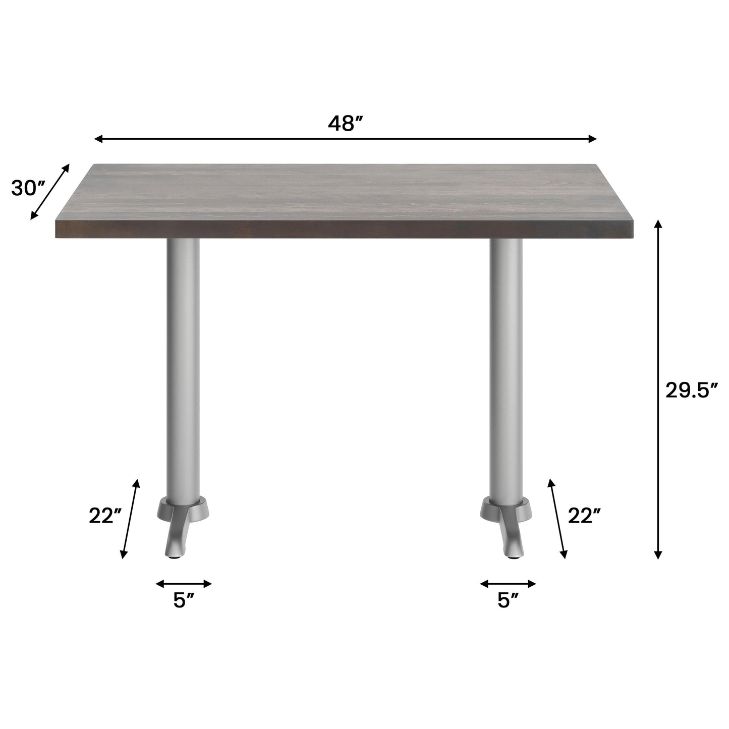 Bennett 30" x 48" Solid Wood Commercial Indoor Tabletop in Dark Brown with Dual 5" x 22" Dining Height Rust-Resistant Silver Cast Iron T-Bases Dark Brown Top/Silver Base