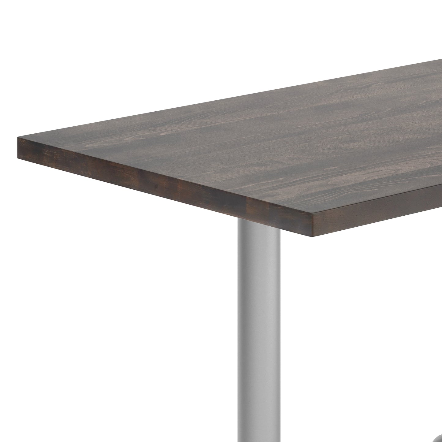 Bennett 30" x 48" Solid Wood Commercial Indoor Tabletop in Dark Brown with Dual 5" x 22" Dining Height Rust-Resistant Silver Cast Iron T-Bases Dark Brown Top/Silver Base