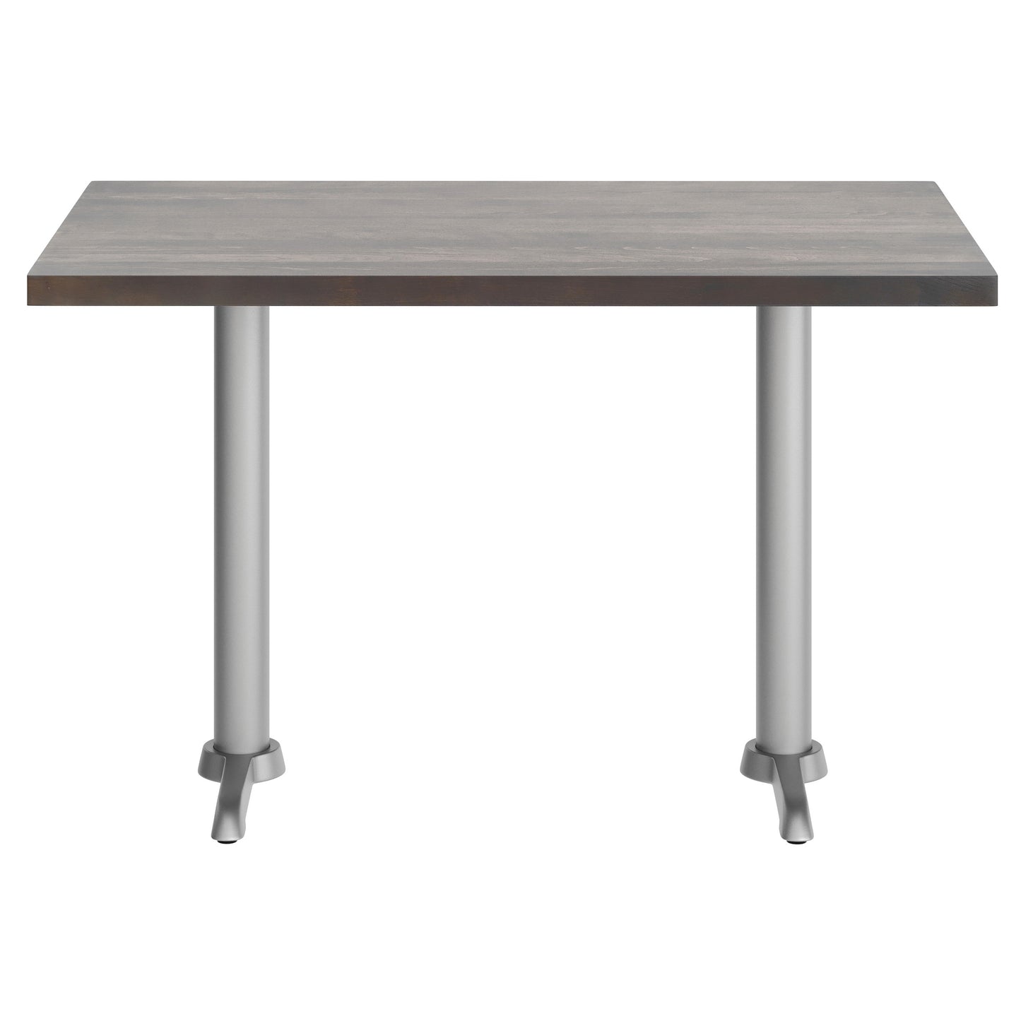 Bennett 30" x 48" Solid Wood Commercial Indoor Tabletop in Dark Brown with Dual 5" x 22" Dining Height Rust-Resistant Silver Cast Iron T-Bases Dark Brown Top/Silver Base