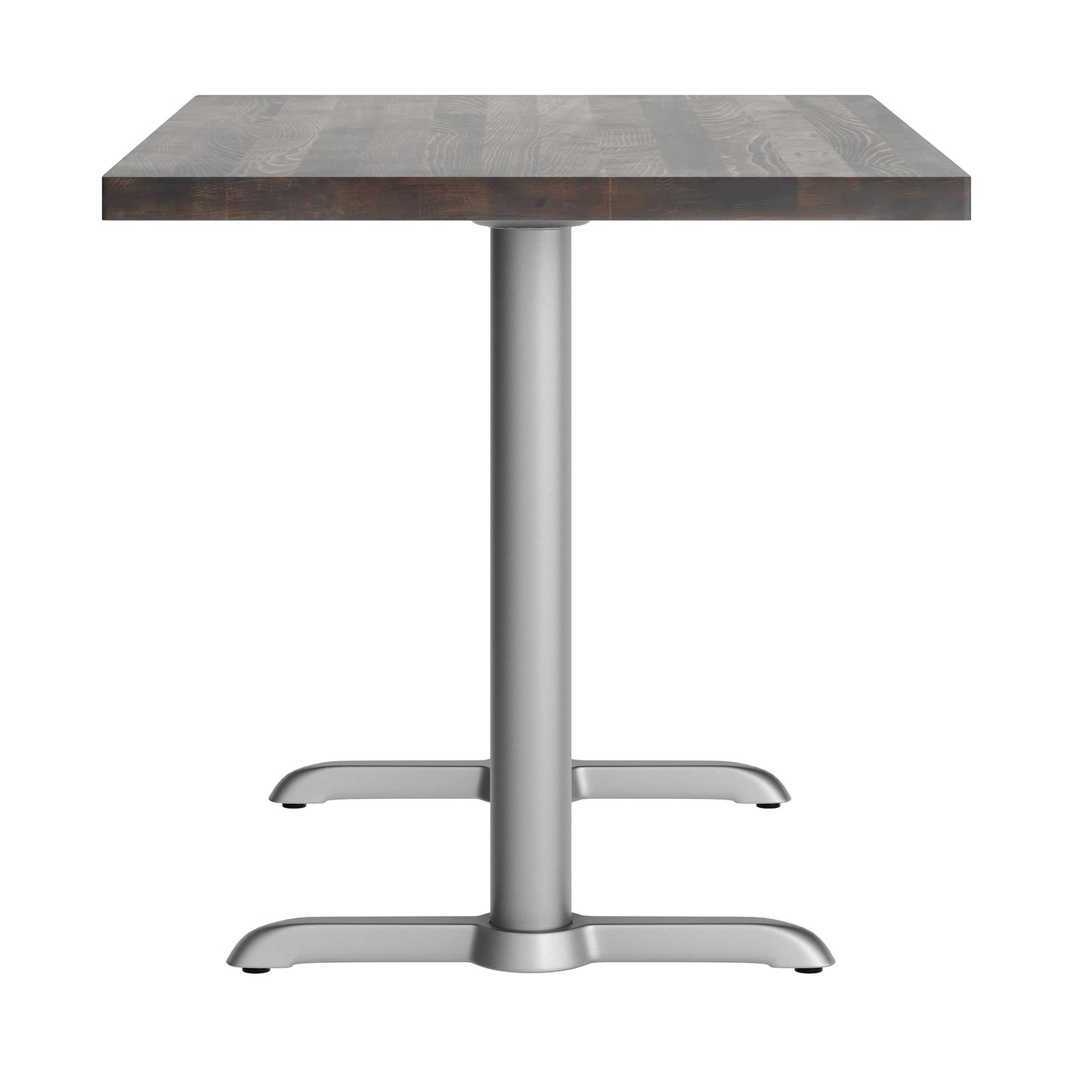 Bennett 30" x 48" Solid Wood Commercial Indoor Tabletop in Dark Brown with Dual 5" x 22" Dining Height Rust-Resistant Silver Cast Iron T-Bases Dark Brown Top/Silver Base