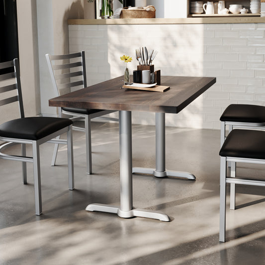 Bennett 30" x 48" Solid Wood Commercial Indoor Tabletop in Dark Brown with Dual 5" x 22" Dining Height Rust-Resistant Silver Cast Iron T-Bases Dark Brown Top/Silver Base