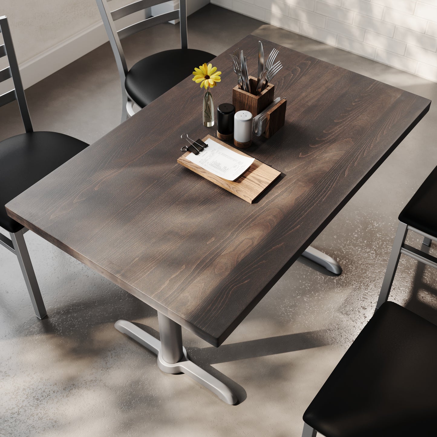 Bennett 30" x 48" Solid Wood Commercial Indoor Tabletop in Dark Brown with Dual 5" x 22" Dining Height Rust-Resistant Silver Cast Iron T-Bases Dark Brown Top/Silver Base