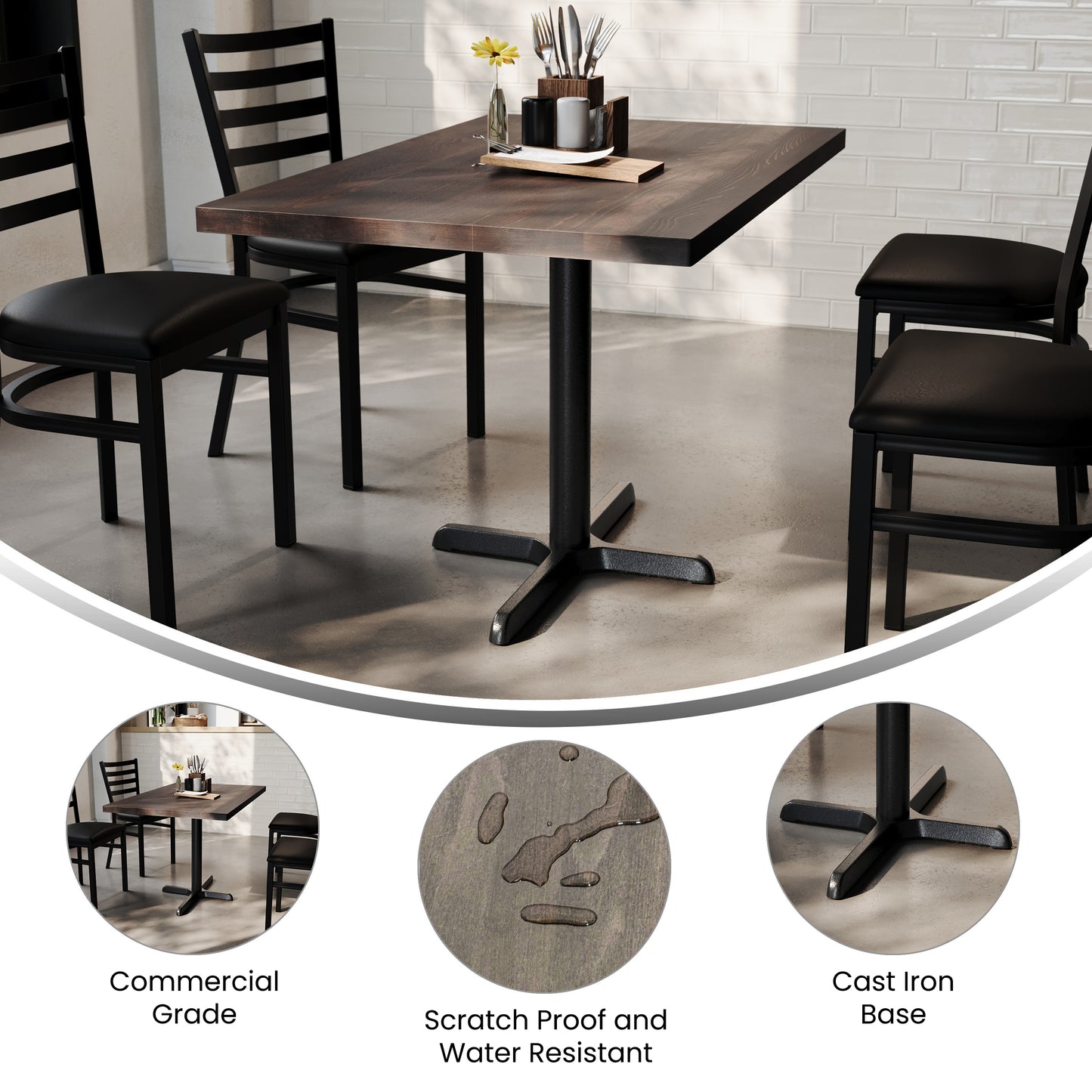 Bennett 30" x 48" Solid Wood Commercial Indoor Tabletop in Dark Brown with 23.75" x 29.5" Dining Height Rust-Resistant Black Cast Iron X-Base Dark Brown Top/Black Base