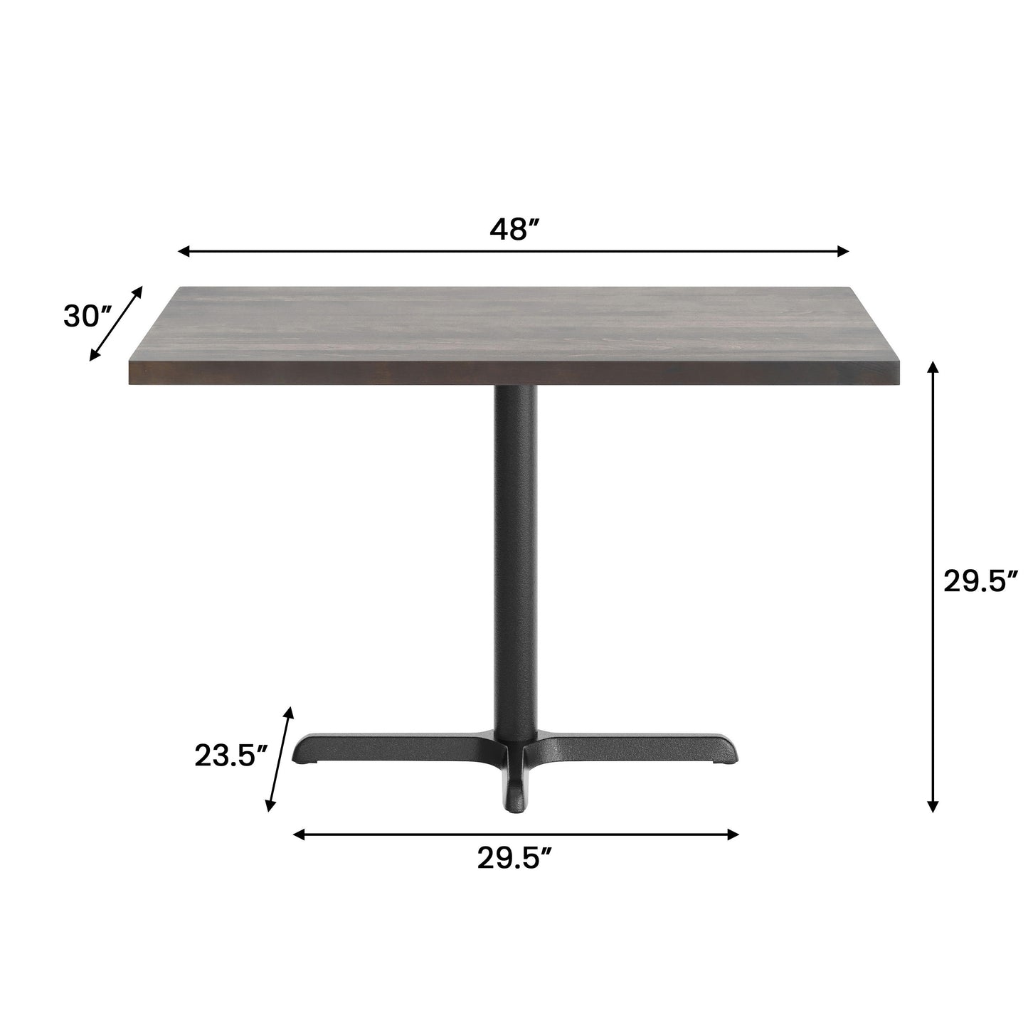 Bennett 30" x 48" Solid Wood Commercial Indoor Tabletop in Dark Brown with 23.75" x 29.5" Dining Height Rust-Resistant Black Cast Iron X-Base Dark Brown Top/Black Base