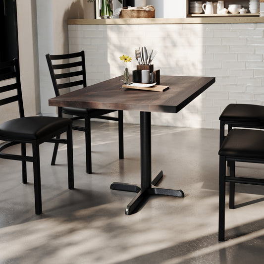 Bennett 30" x 48" Solid Wood Commercial Indoor Tabletop in Dark Brown with 23.75" x 29.5" Dining Height Rust-Resistant Black Cast Iron X-Base Dark Brown Top/Black Base