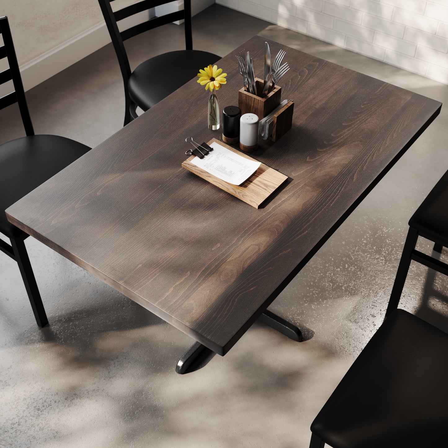 Bennett 30" x 48" Solid Wood Commercial Indoor Tabletop in Dark Brown with 23.75" x 29.5" Dining Height Rust-Resistant Black Cast Iron X-Base Dark Brown Top/Black Base