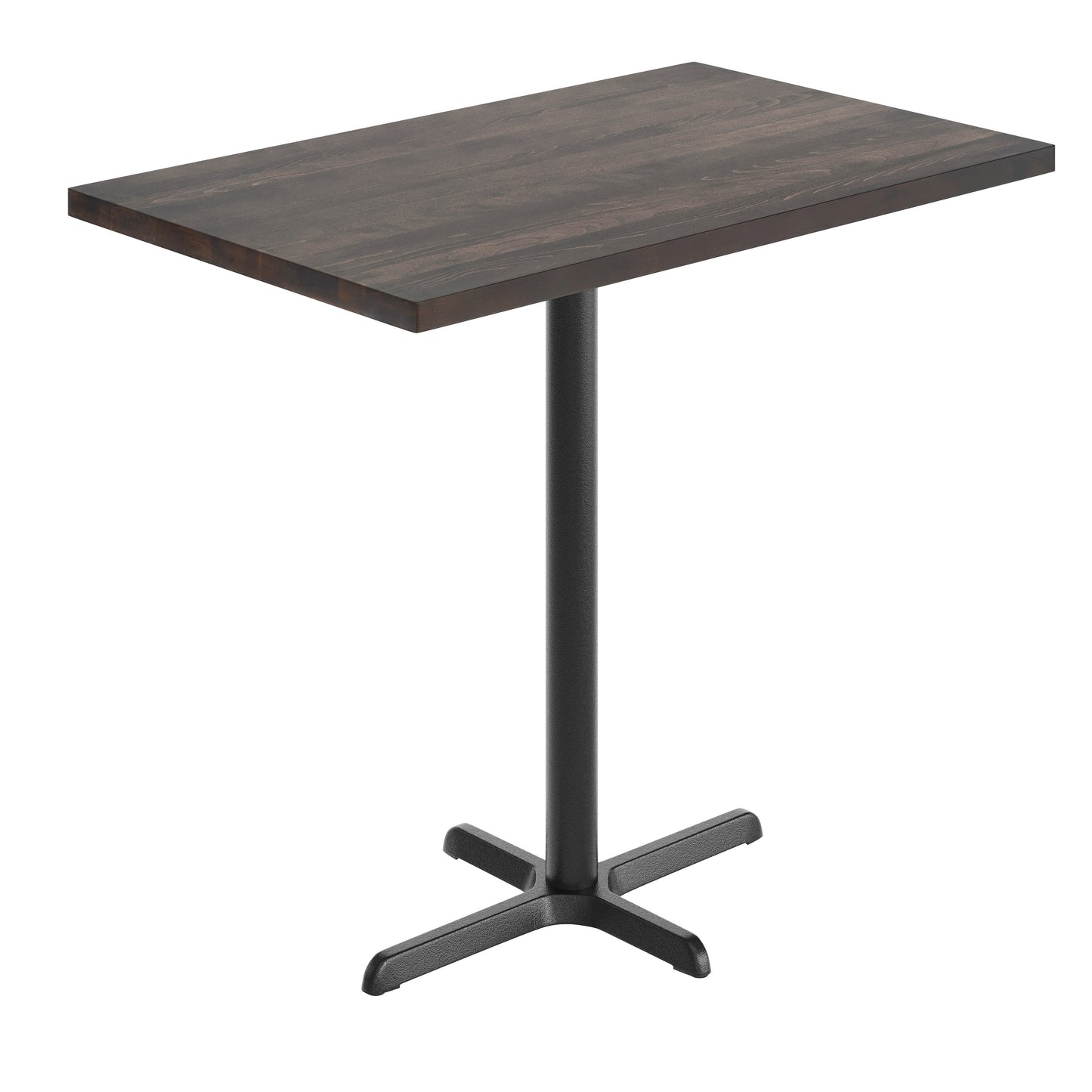 Bennett 30" x 48" Solid Wood Commercial Indoor Tabletop in Dark Brown with 23.5" x 29.5" Bar Height Rust-Resistant Black Cast Iron X-Base Dark Brown Top/Black Base GSF-REC3048-DKBRN-T2230B-GG