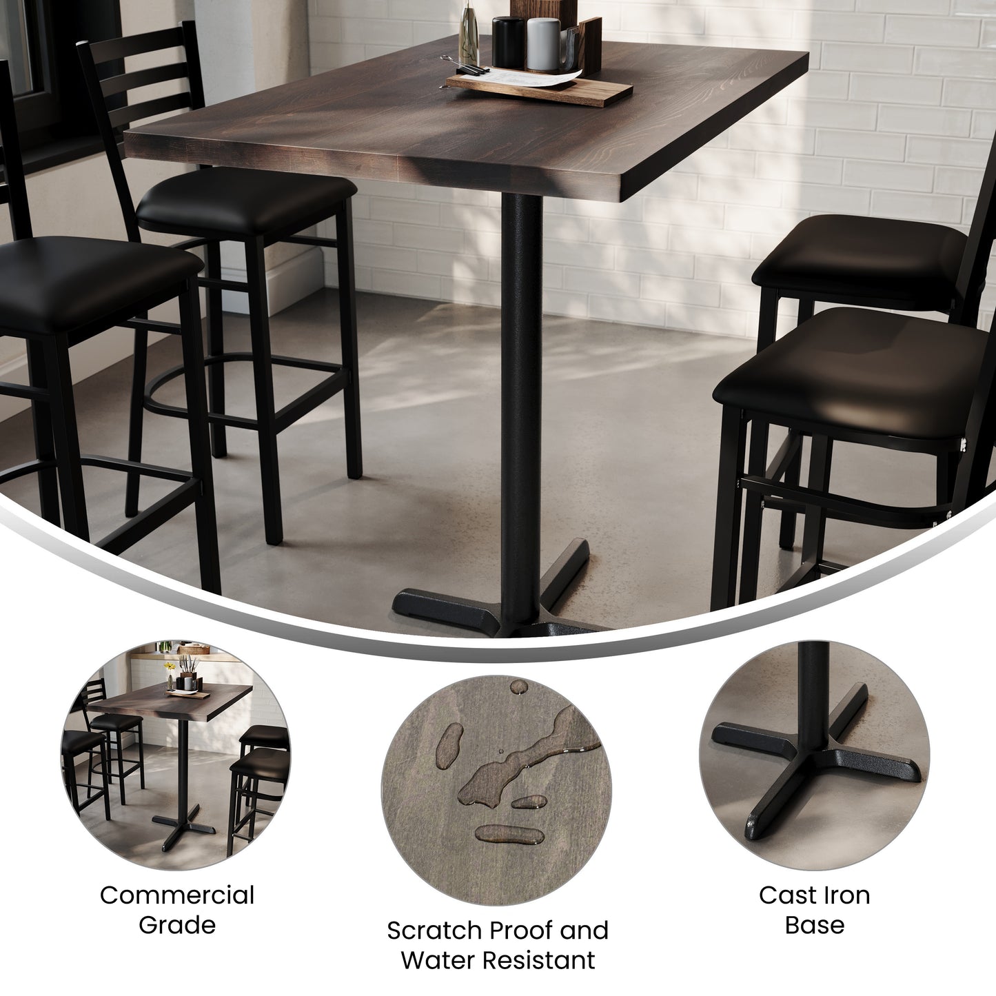 Bennett 30" x 48" Solid Wood Commercial Indoor Tabletop in Dark Brown with 23.5" x 29.5" Bar Height Rust-Resistant Black Cast Iron X-Base Dark Brown Top/Black Base GSF-REC3048-DKBRN-T2230B-GG