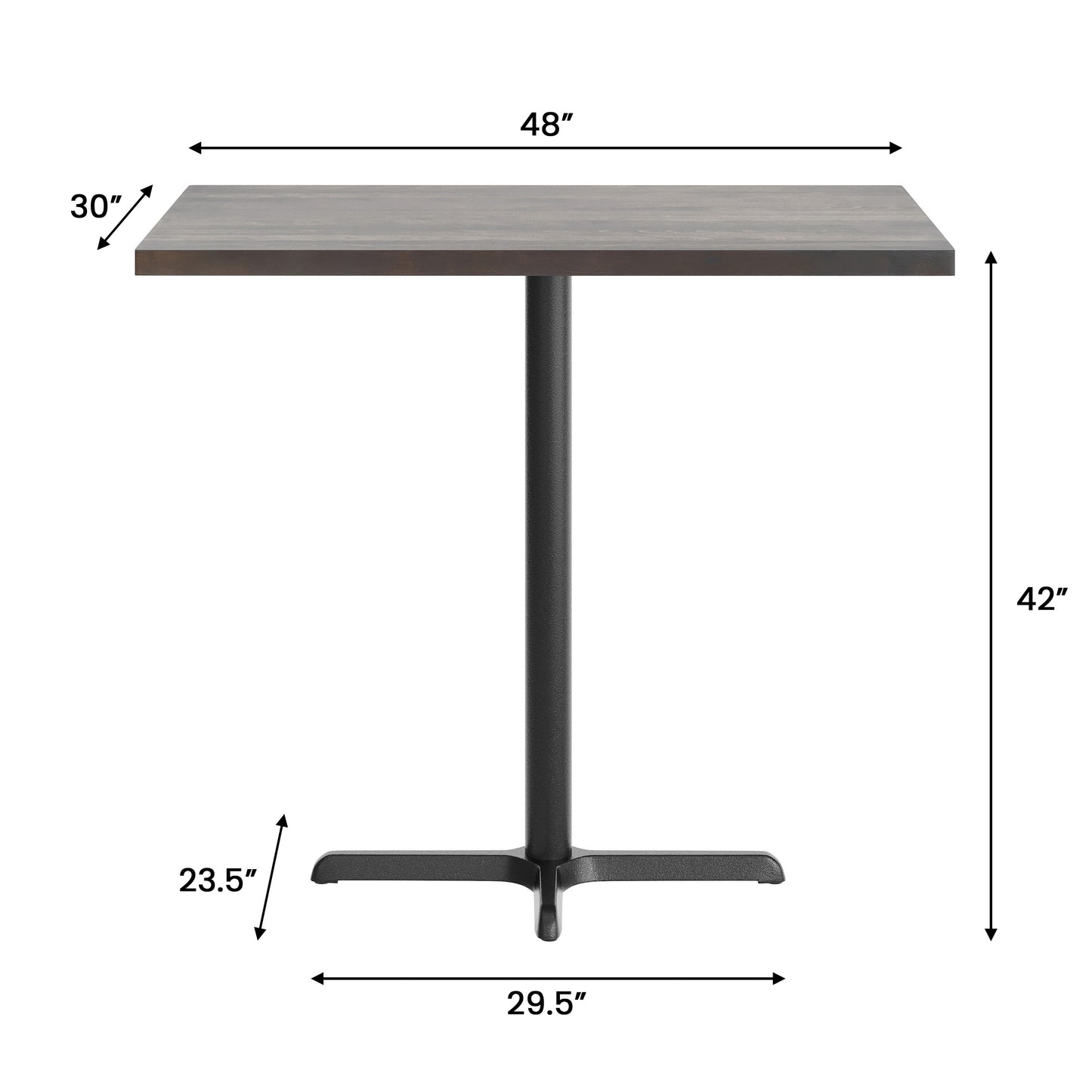 Bennett 30" x 48" Solid Wood Commercial Indoor Tabletop in Dark Brown with 23.5" x 29.5" Bar Height Rust-Resistant Black Cast Iron X-Base Dark Brown Top/Black Base GSF-REC3048-DKBRN-T2230B-GG