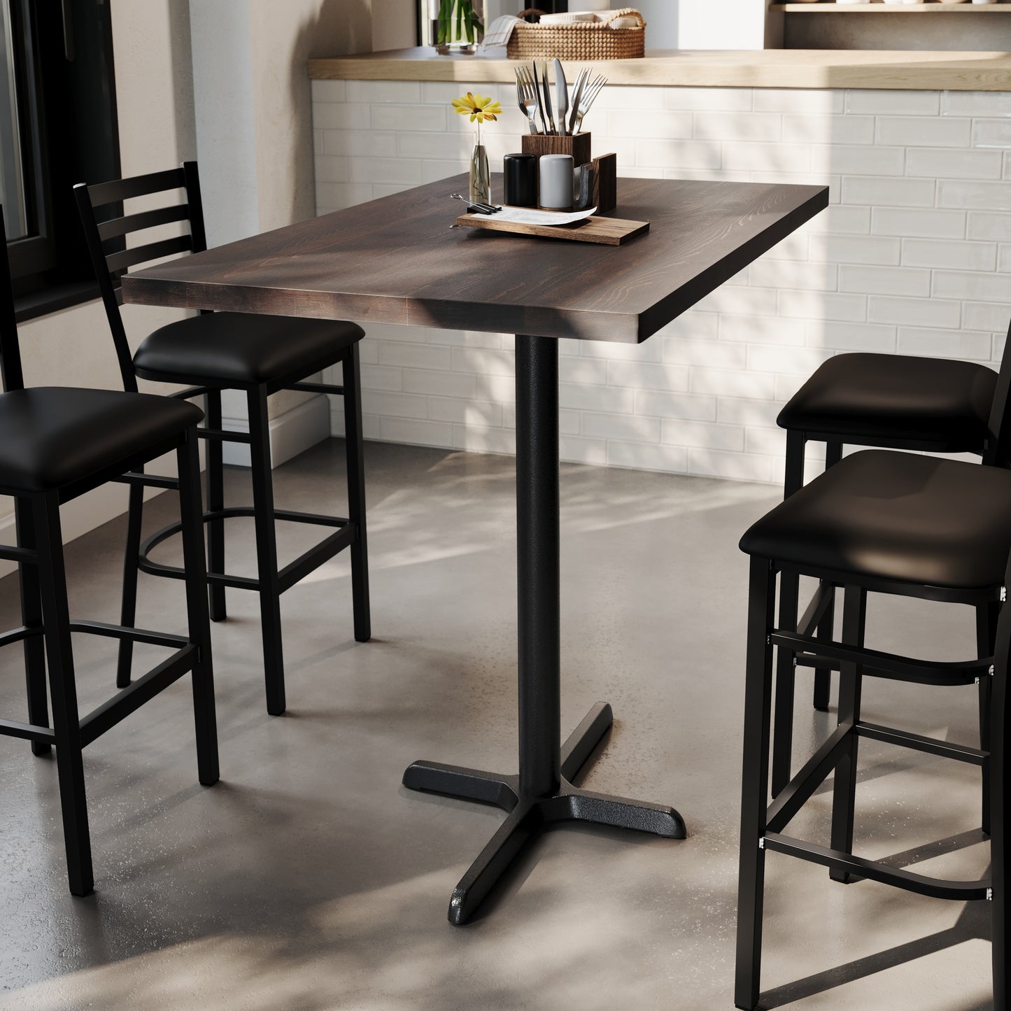 Bennett 30" x 48" Solid Wood Commercial Indoor Tabletop in Dark Brown with 23.5" x 29.5" Bar Height Rust-Resistant Black Cast Iron X-Base Dark Brown Top/Black Base GSF-REC3048-DKBRN-T2230B-GG