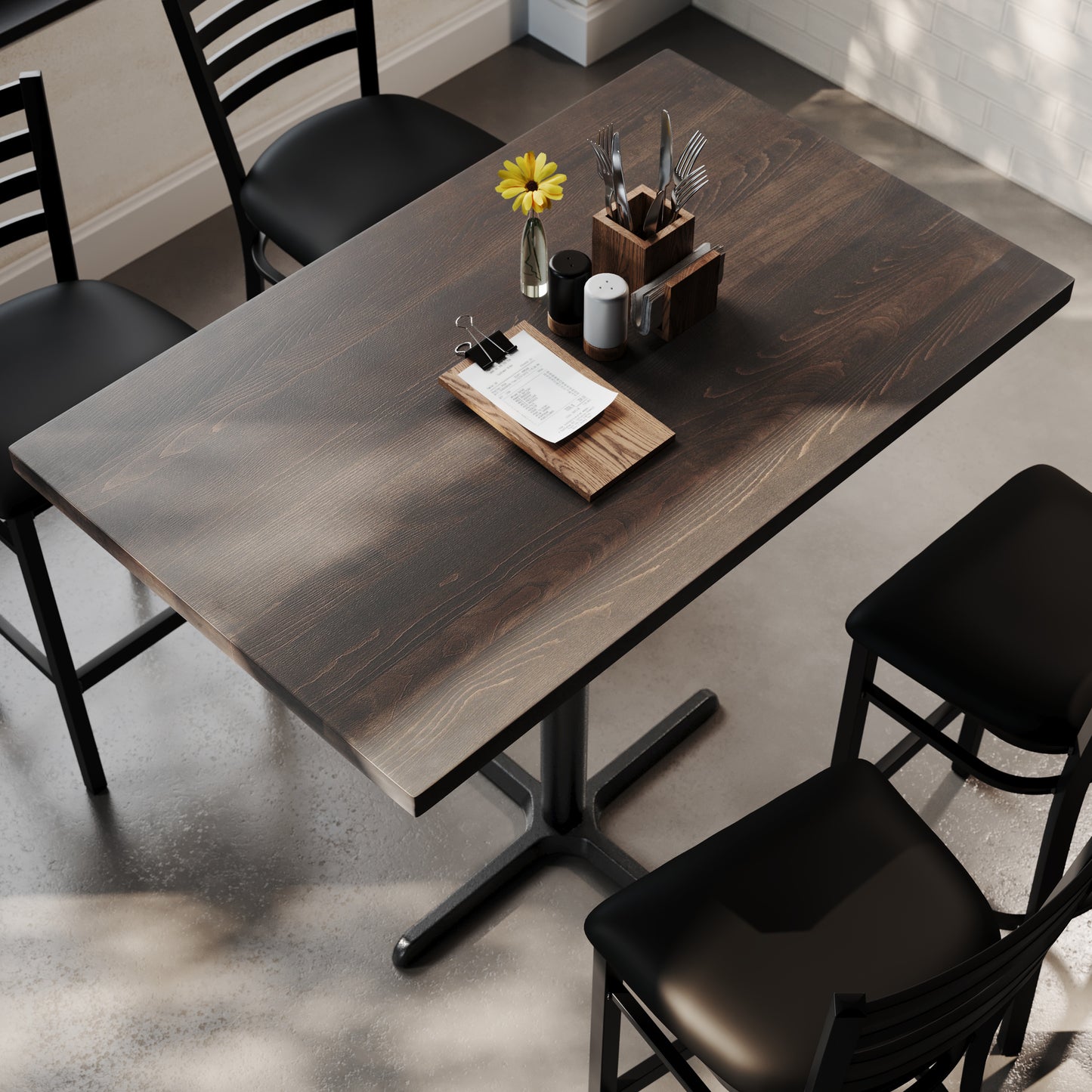 Bennett 30" x 48" Solid Wood Commercial Indoor Tabletop in Dark Brown with 23.5" x 29.5" Bar Height Rust-Resistant Black Cast Iron X-Base Dark Brown Top/Black Base GSF-REC3048-DKBRN-T2230B-GG