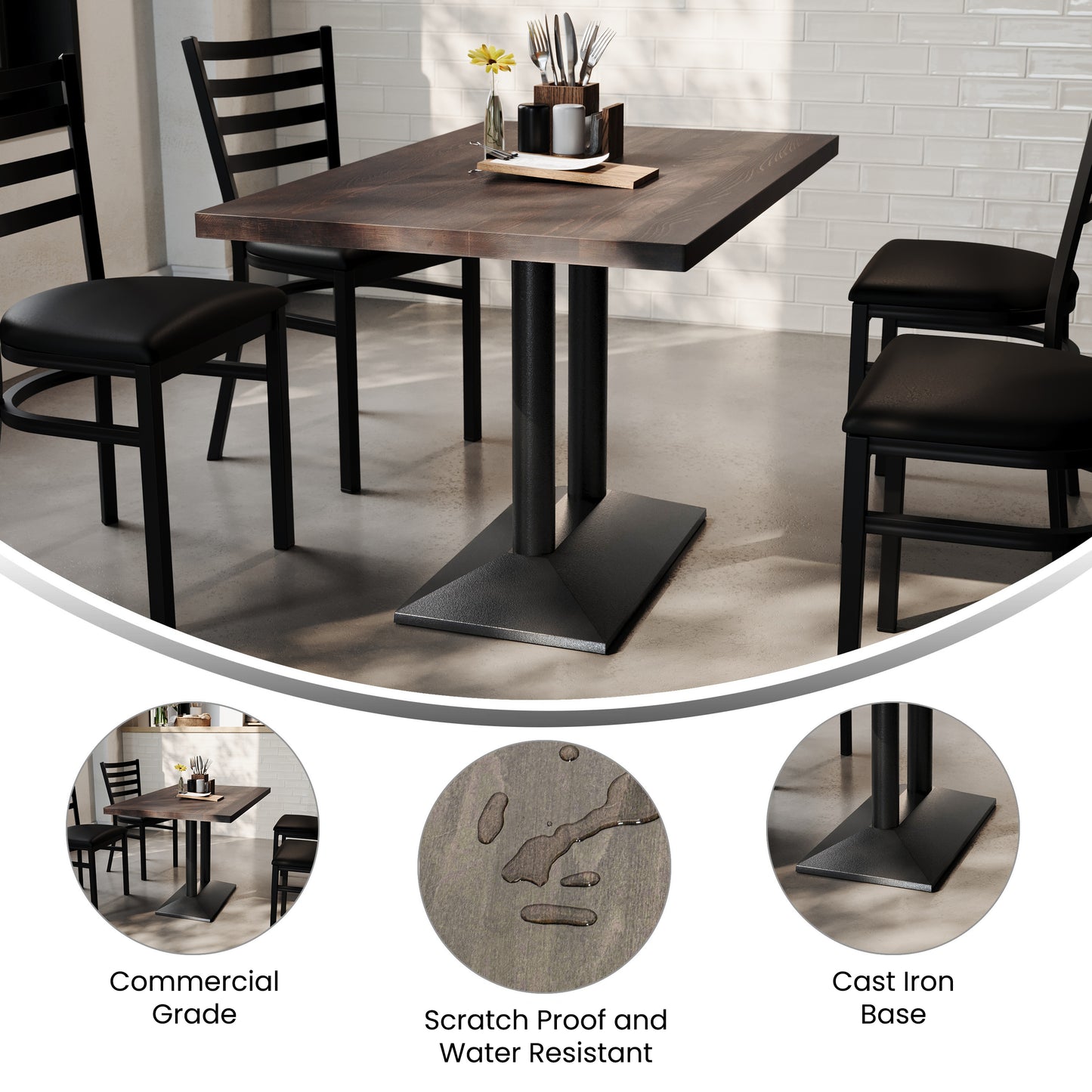 Bennett 30" x 48" Solid Wood Indoor Tabletop in Dark Brown with 27" x 15" Black Double Column Dining Height Table Base Dark Brown Top/Black Base