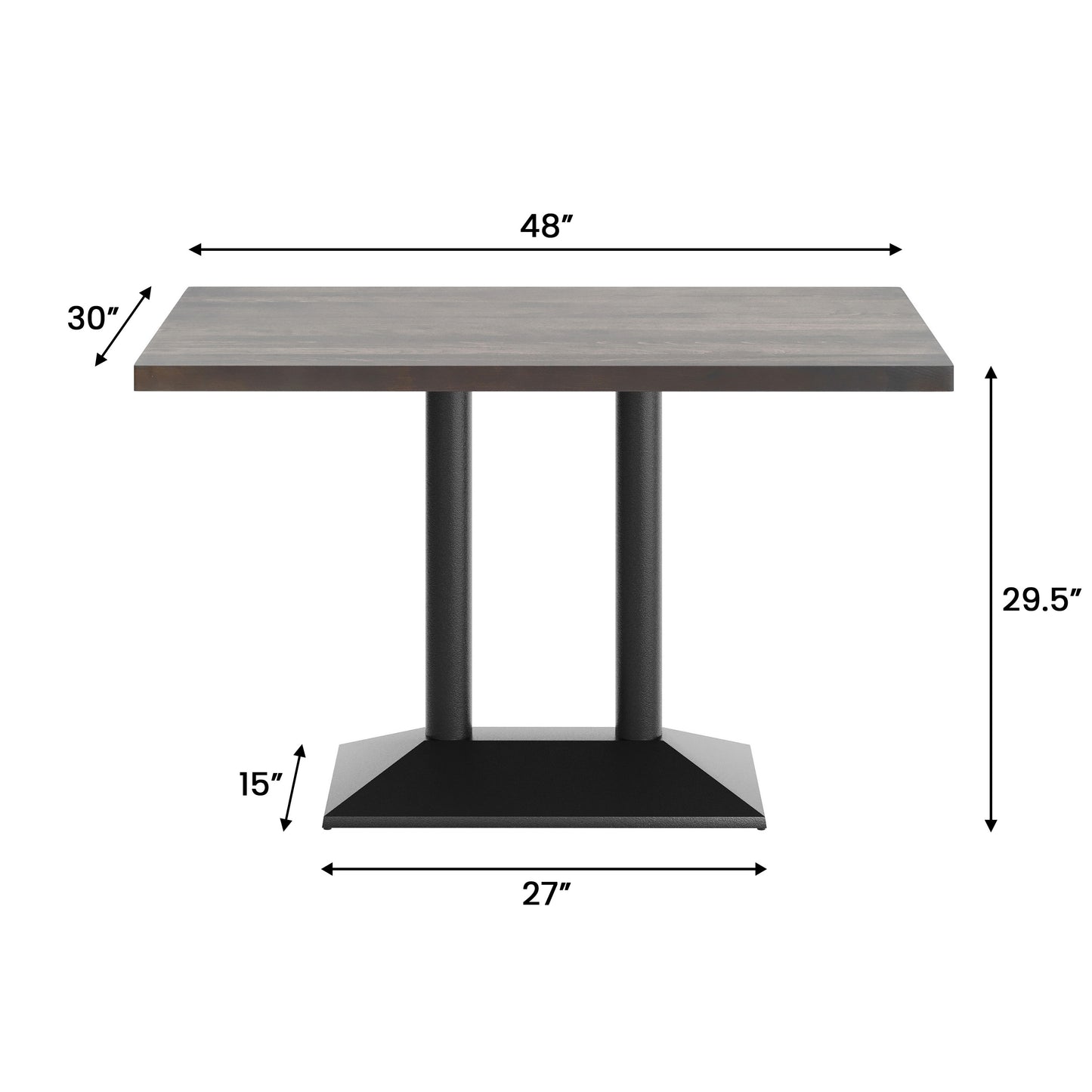Bennett 30" x 48" Solid Wood Indoor Tabletop in Dark Brown with 27" x 15" Black Double Column Dining Height Table Base Dark Brown Top/Black Base